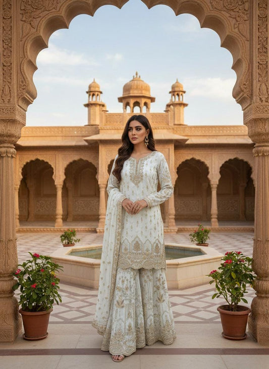 Elegant White Designer Kurti  & Sharara Set with Gold Work
