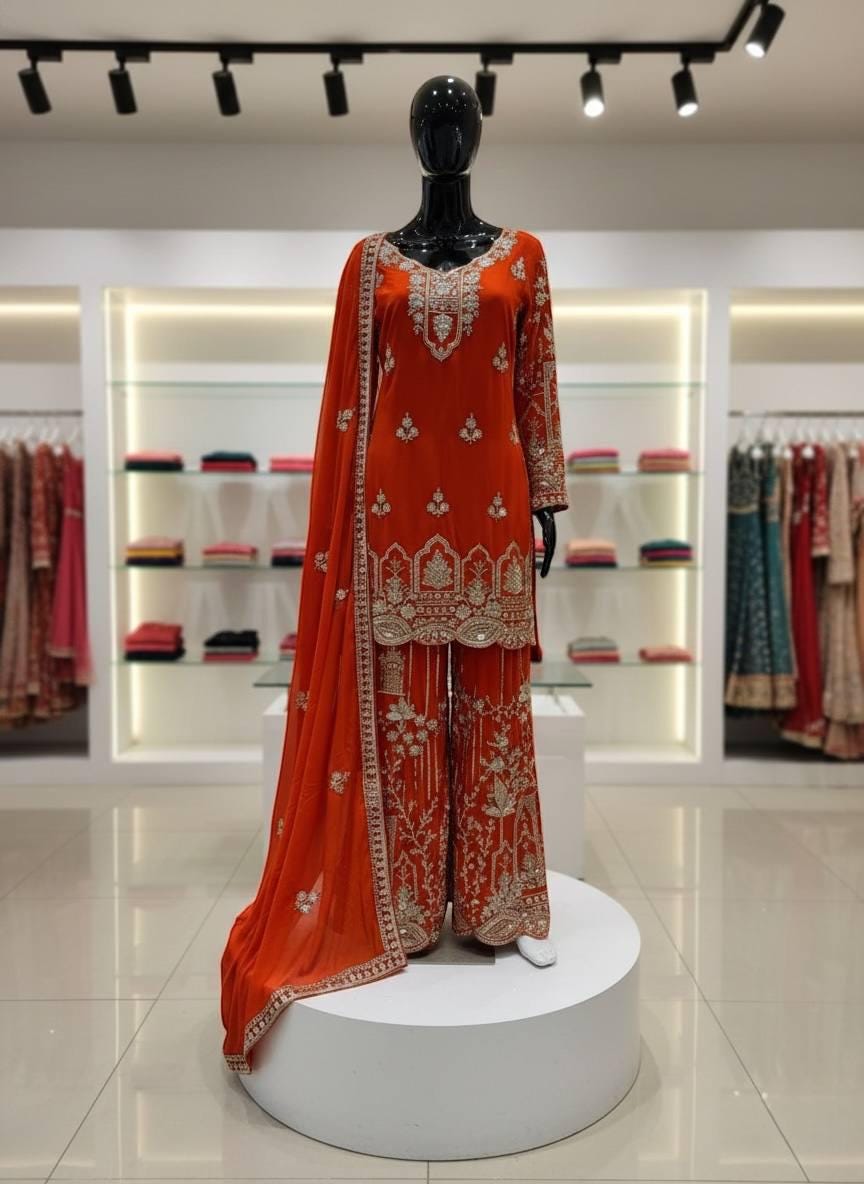 Designer Orange Embroidered Palazzo Suit with Dupatta | Heavy Sequence Party Wear Ethnic Set