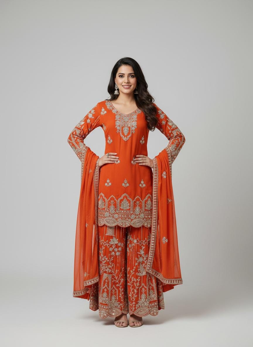 Designer Orange Embroidered Palazzo Suit with Dupatta | Heavy Sequence Party Wear Ethnic Set