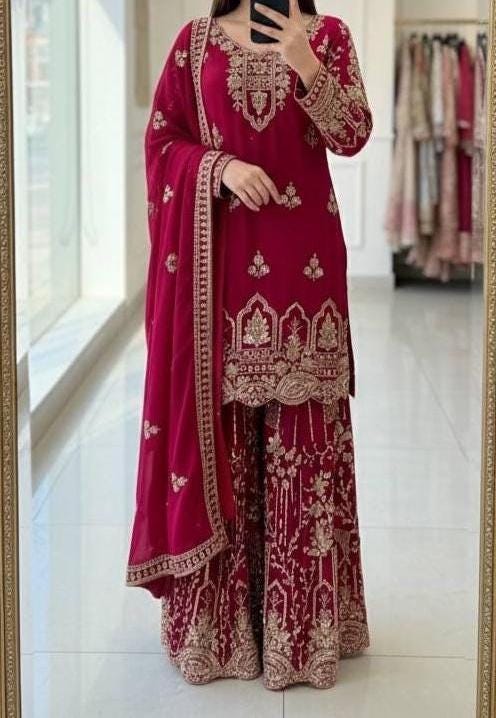 Designer Pink Embroidered Fox Georgette Palazzo Suit with Dupatta