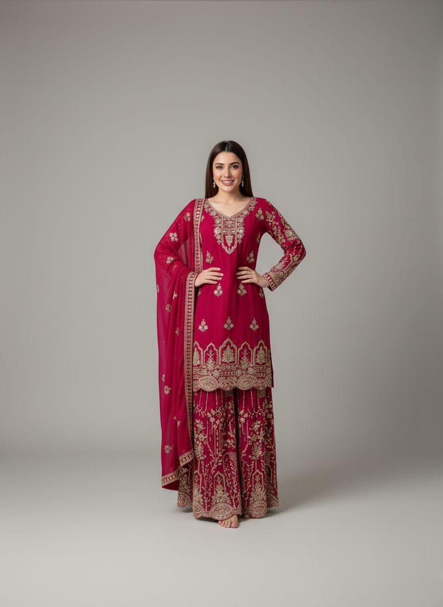 Designer Pink Embroidered Fox Georgette Palazzo Suit with Dupatta