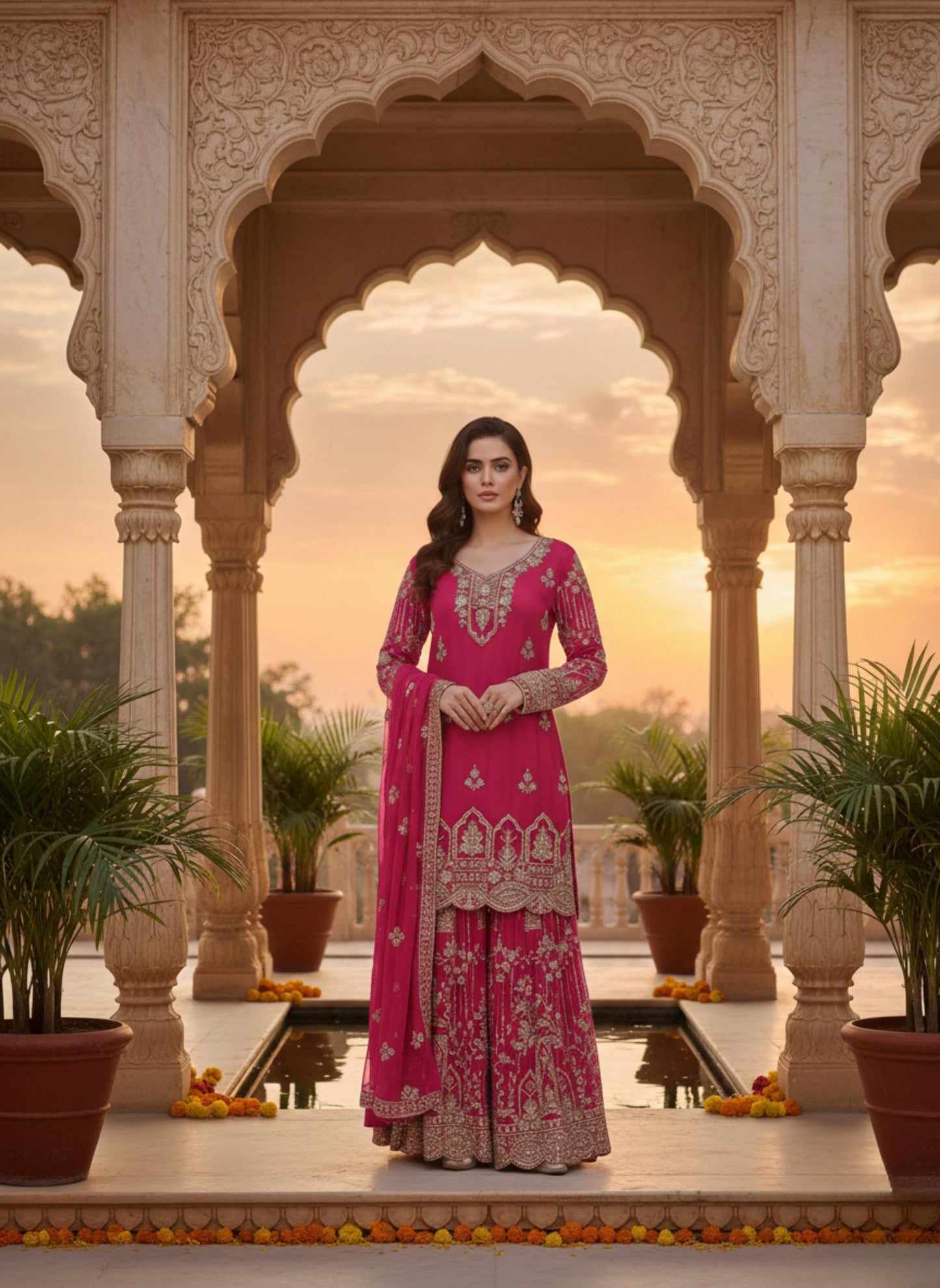 Designer Pink Embroidered Fox Georgette Palazzo Suit with Dupatta