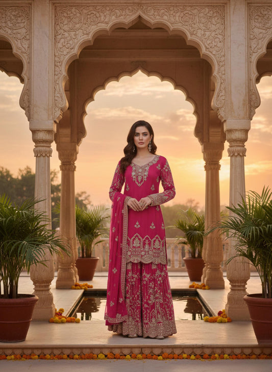 Designer Pink Embroidered Fox Georgette Palazzo Suit with Dupatta
