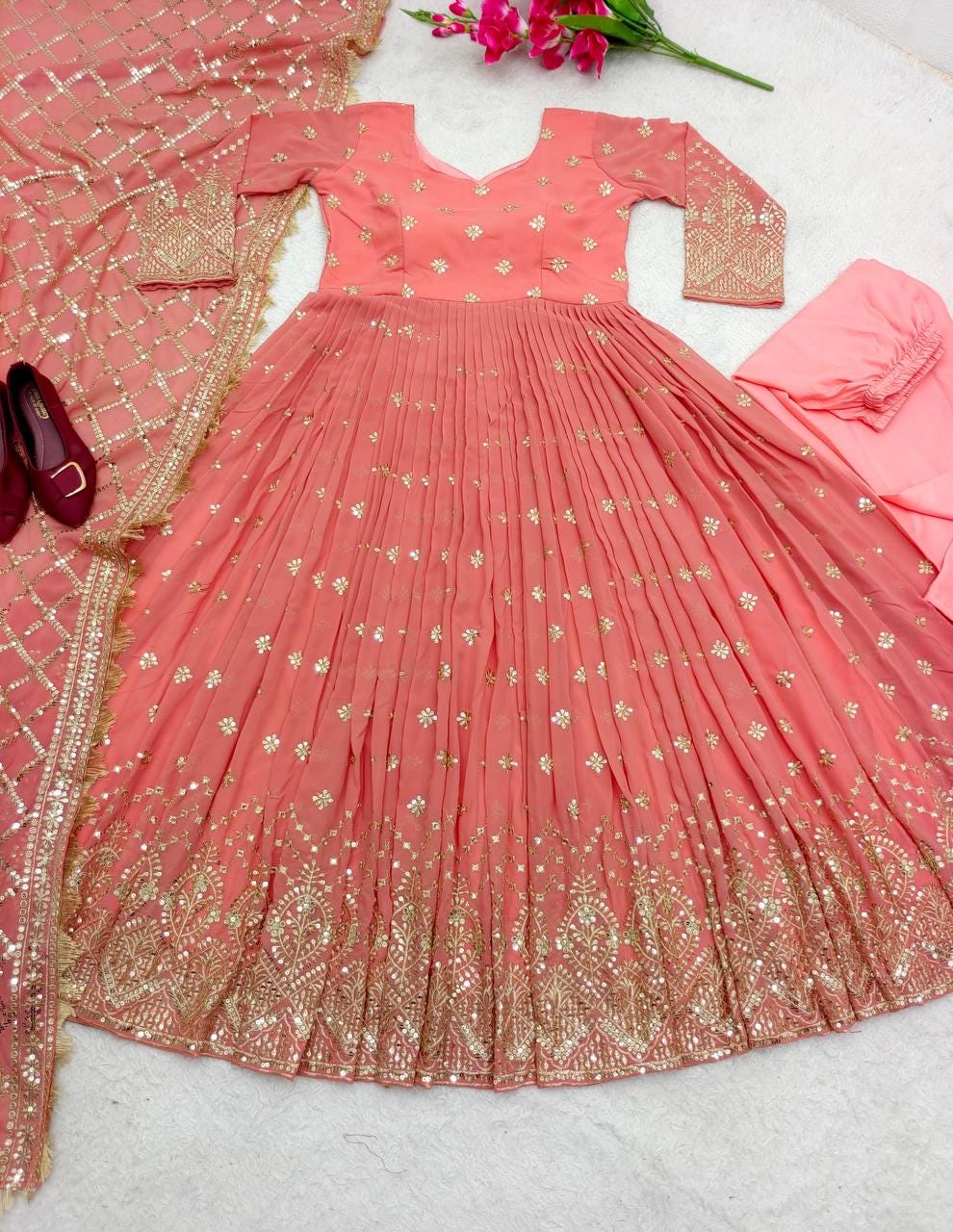 Peach Fox Georgette Embroidered Gown with Pant & Dupatta | Designer Festive Wear Set