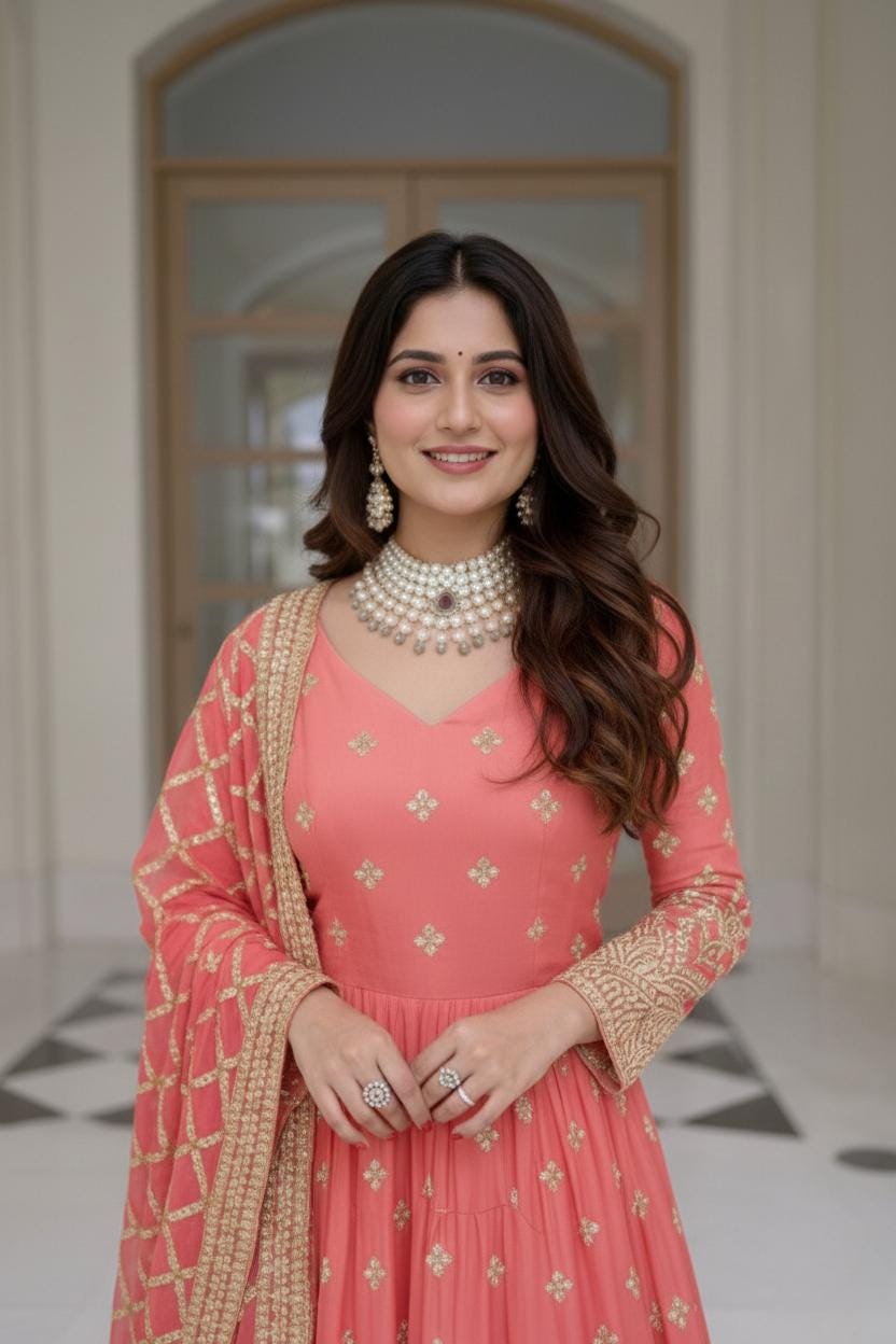 Peach Fox Georgette Embroidered Gown with Pant & Dupatta | Designer Festive Wear Set