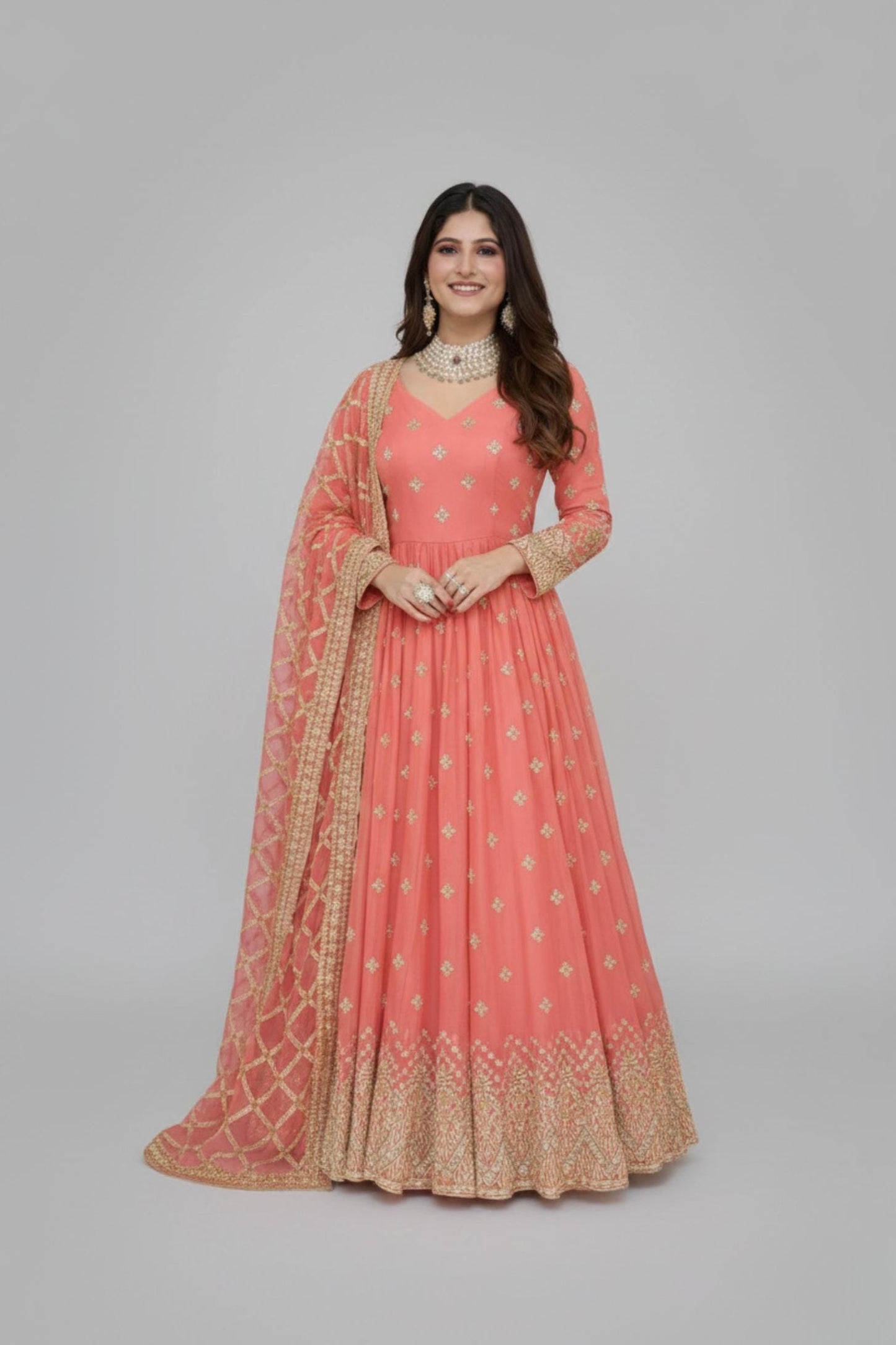 Peach Fox Georgette Embroidered Gown with Pant & Dupatta | Designer Festive Wear Set