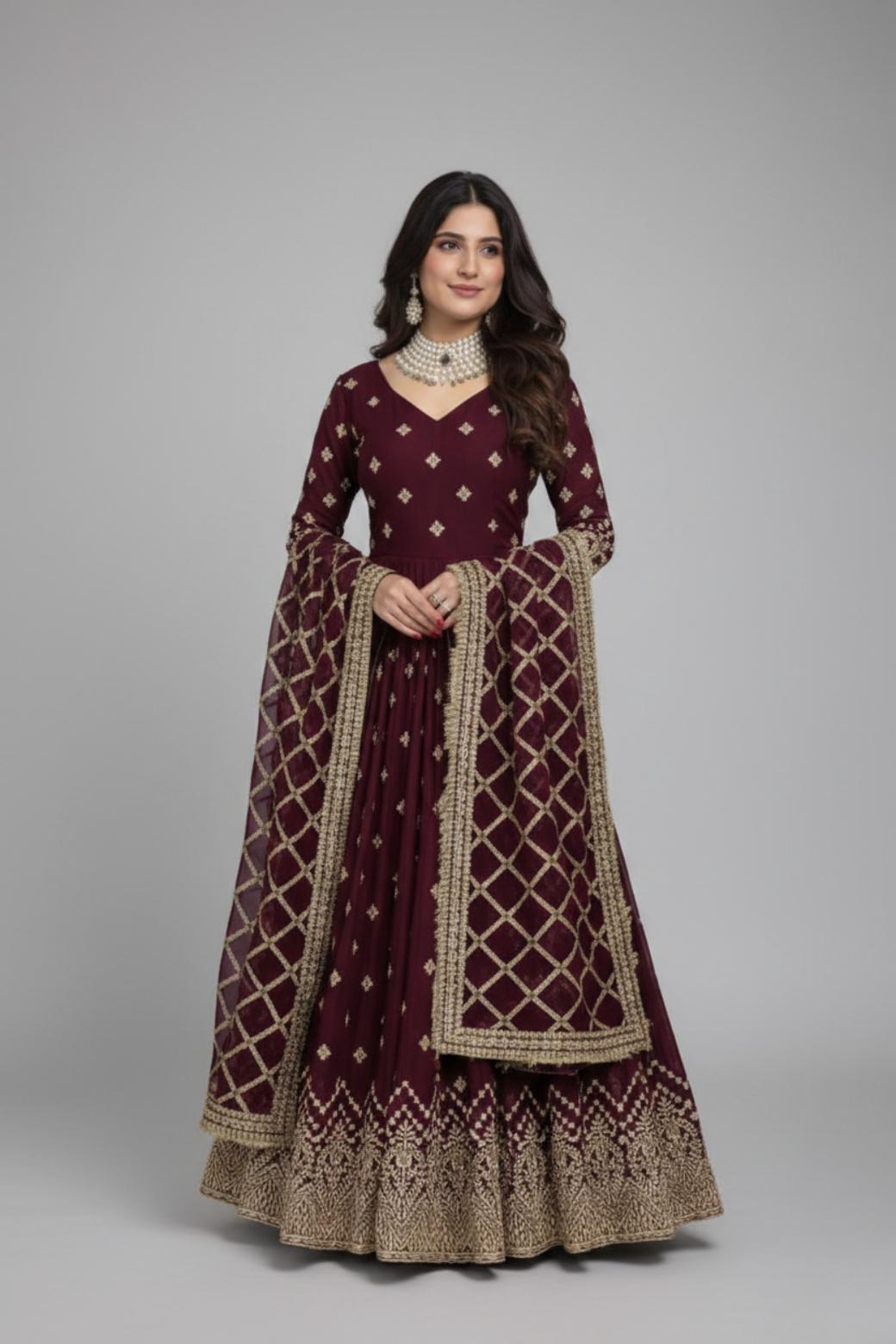 Designer Deep Marron Georgette Set Anarkali Gown Suit With Dupatta