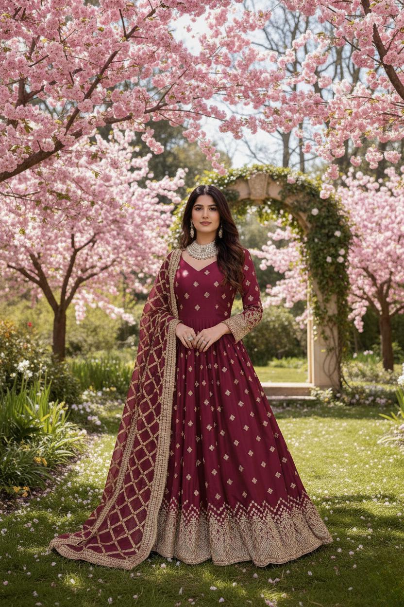 Designer Deep Marron Georgette Set Anarkali Gown Suit With Dupatta
