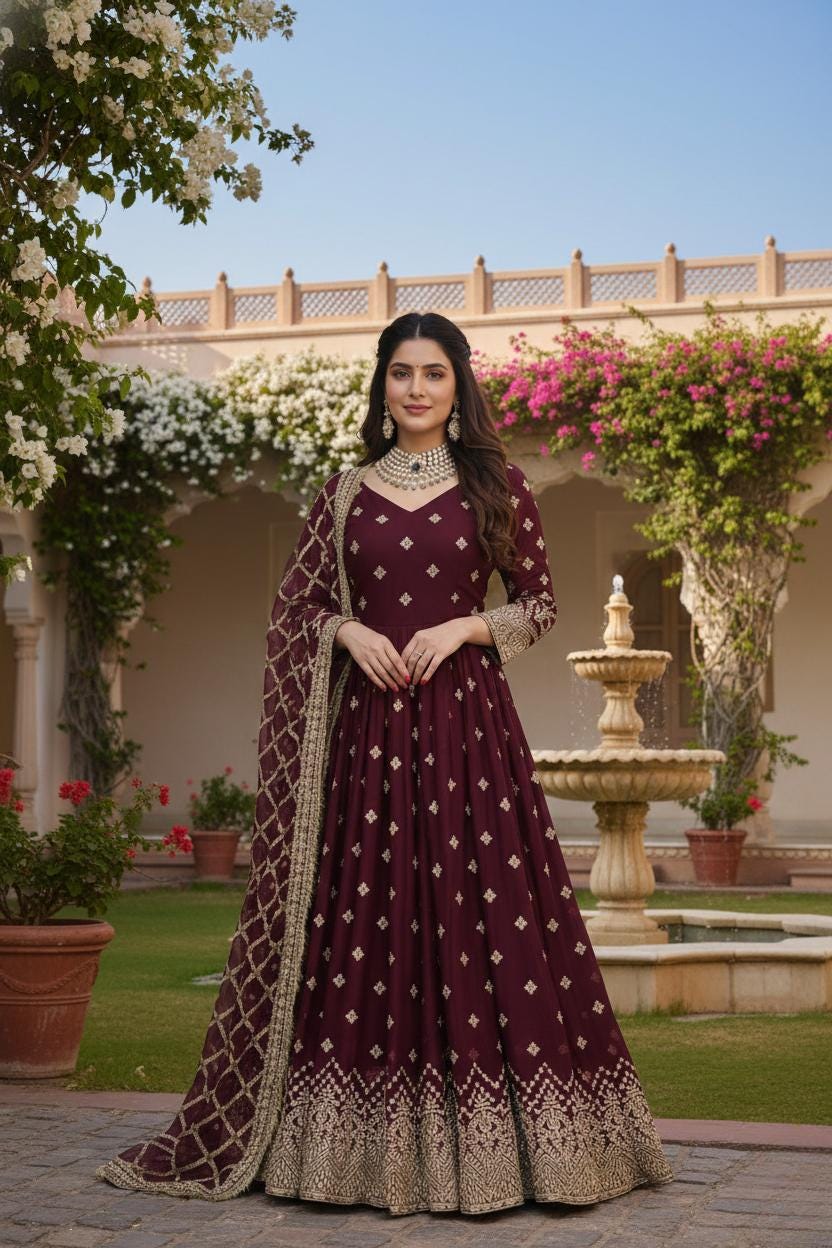 Designer Deep Marron Georgette Set Anarkali Gown Suit With Dupatta