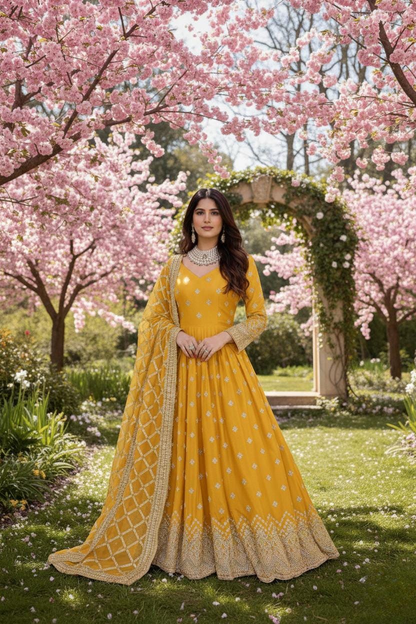 Luxury Yellow Fox Georgette Anarkali Gown with Heavy Embroidery