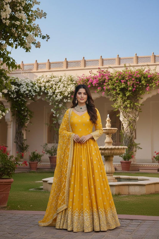 Luxury Yellow Fox Georgette Anarkali Gown with Heavy Embroidery