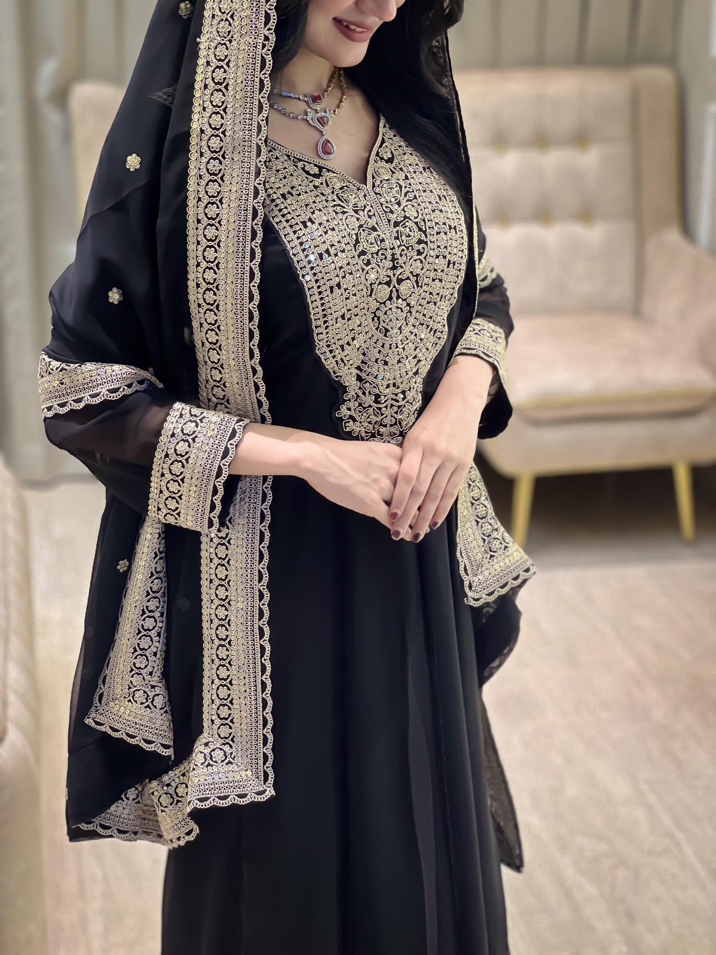 Designer Black Embroidered Gown with Dupatta | Heavy Sequence Festive Wear