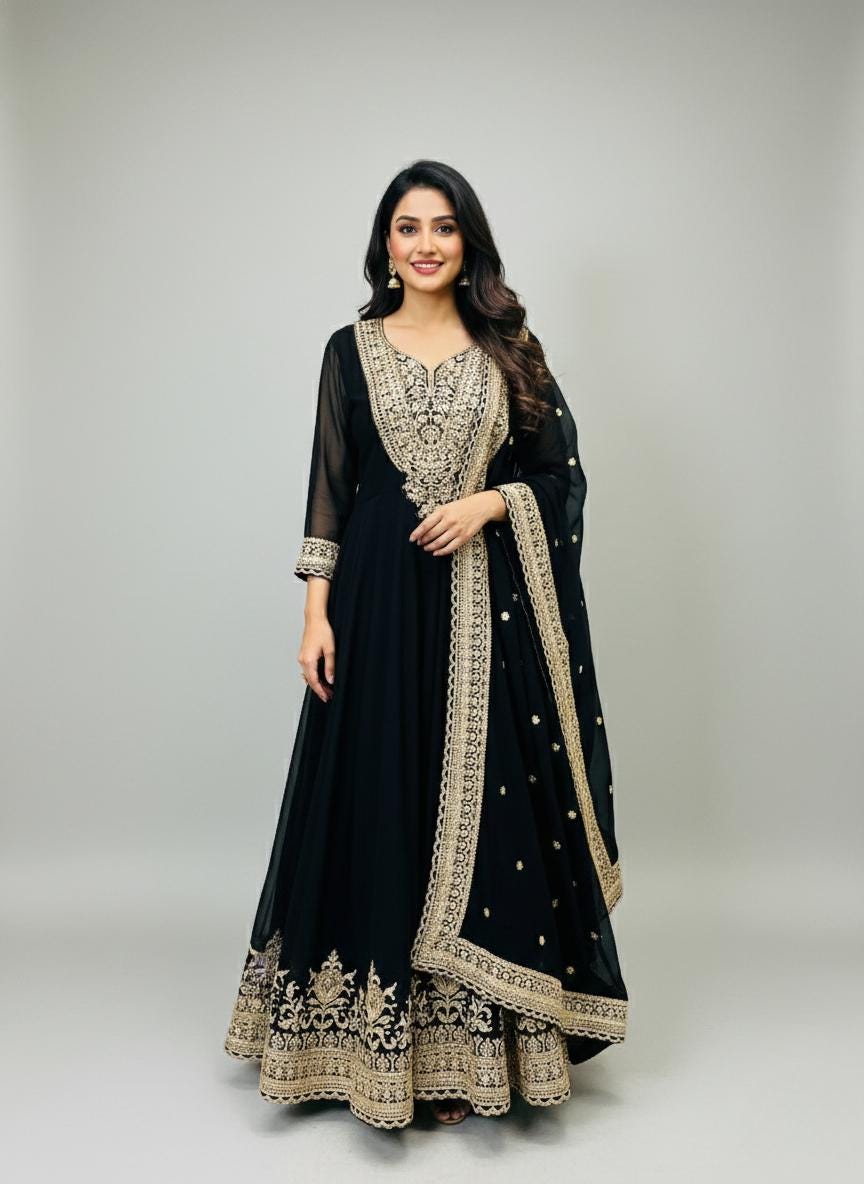 Designer Black Embroidered Gown with Dupatta | Heavy Sequence Festive Wear