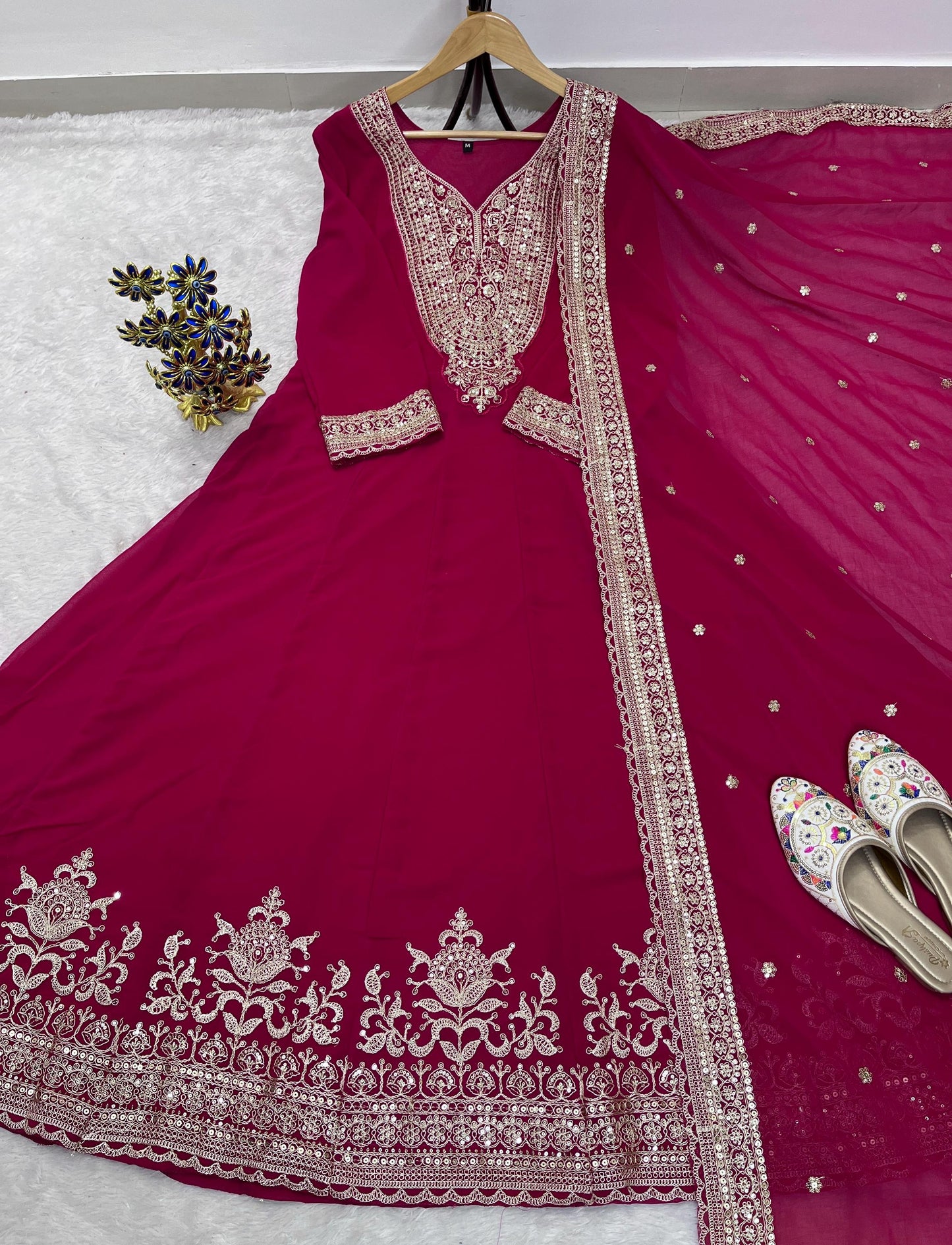 Pink Anarkali Gown Set with Heavy Gold Embroidery