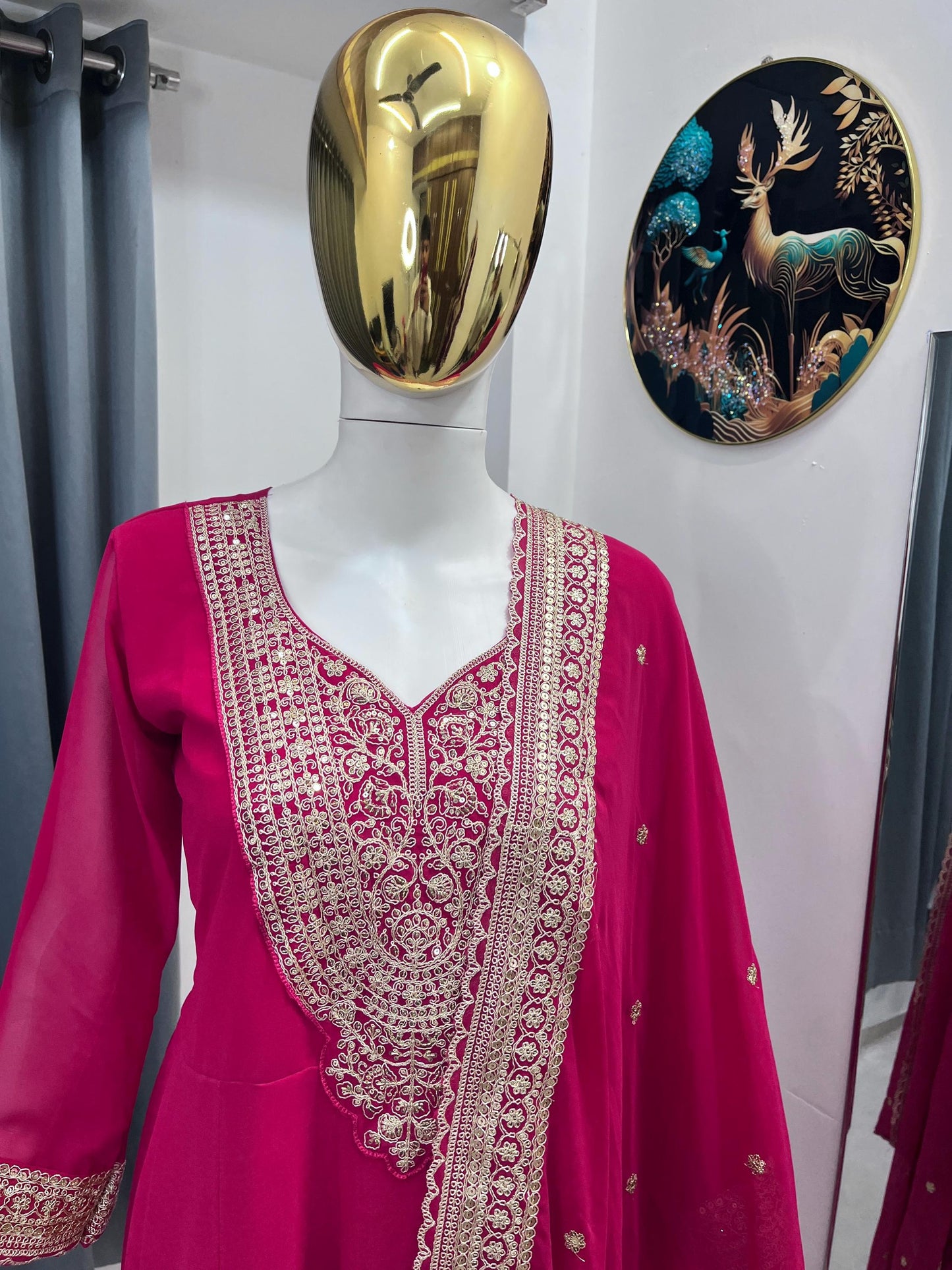 Pink Anarkali Gown Set with Heavy Gold Embroidery