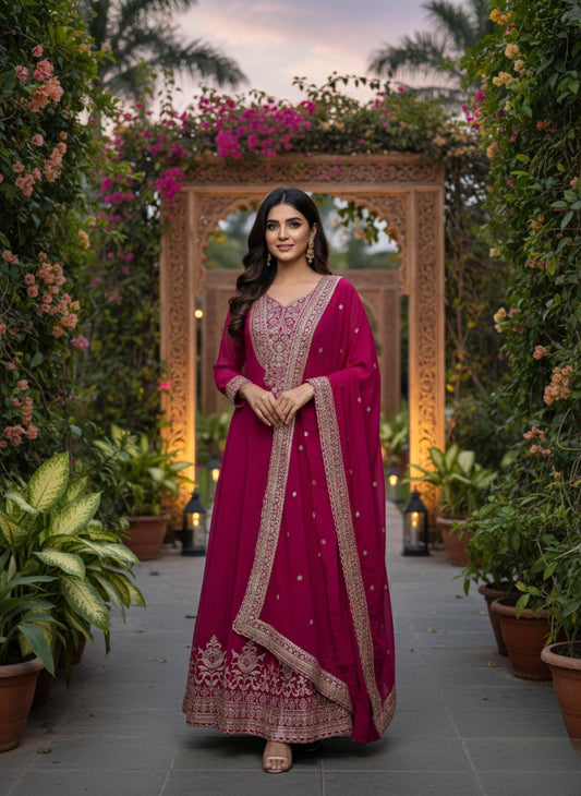 Pink Anarkali Gown Set with Heavy Gold Embroidery