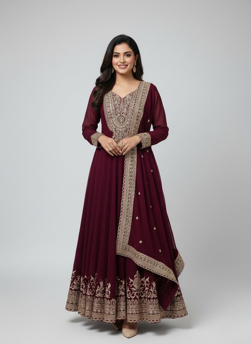 Maroon Embroidered Anarkali Gown with Dupatta