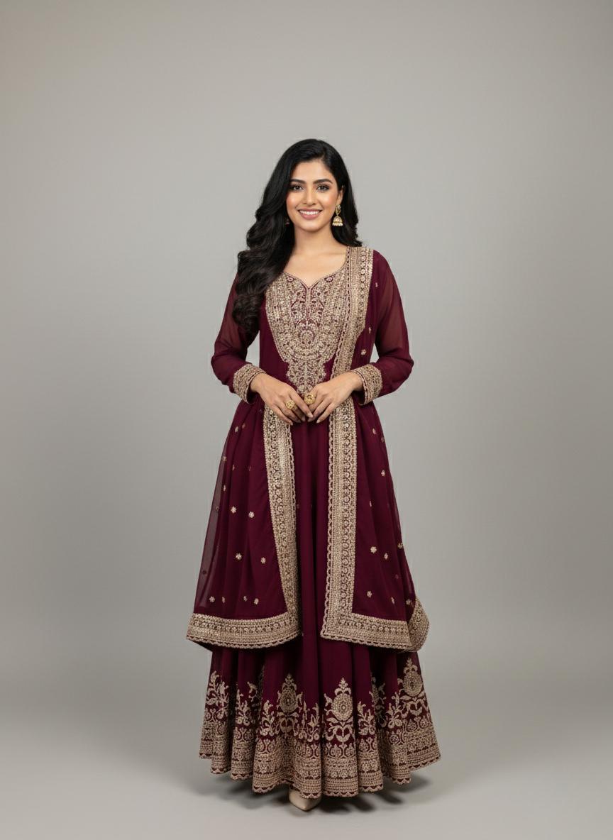 Maroon Embroidered Anarkali Gown with Dupatta
