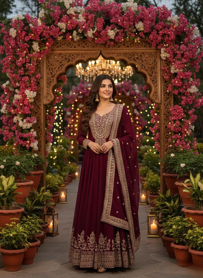 Maroon Embroidered Anarkali Gown with Dupatta