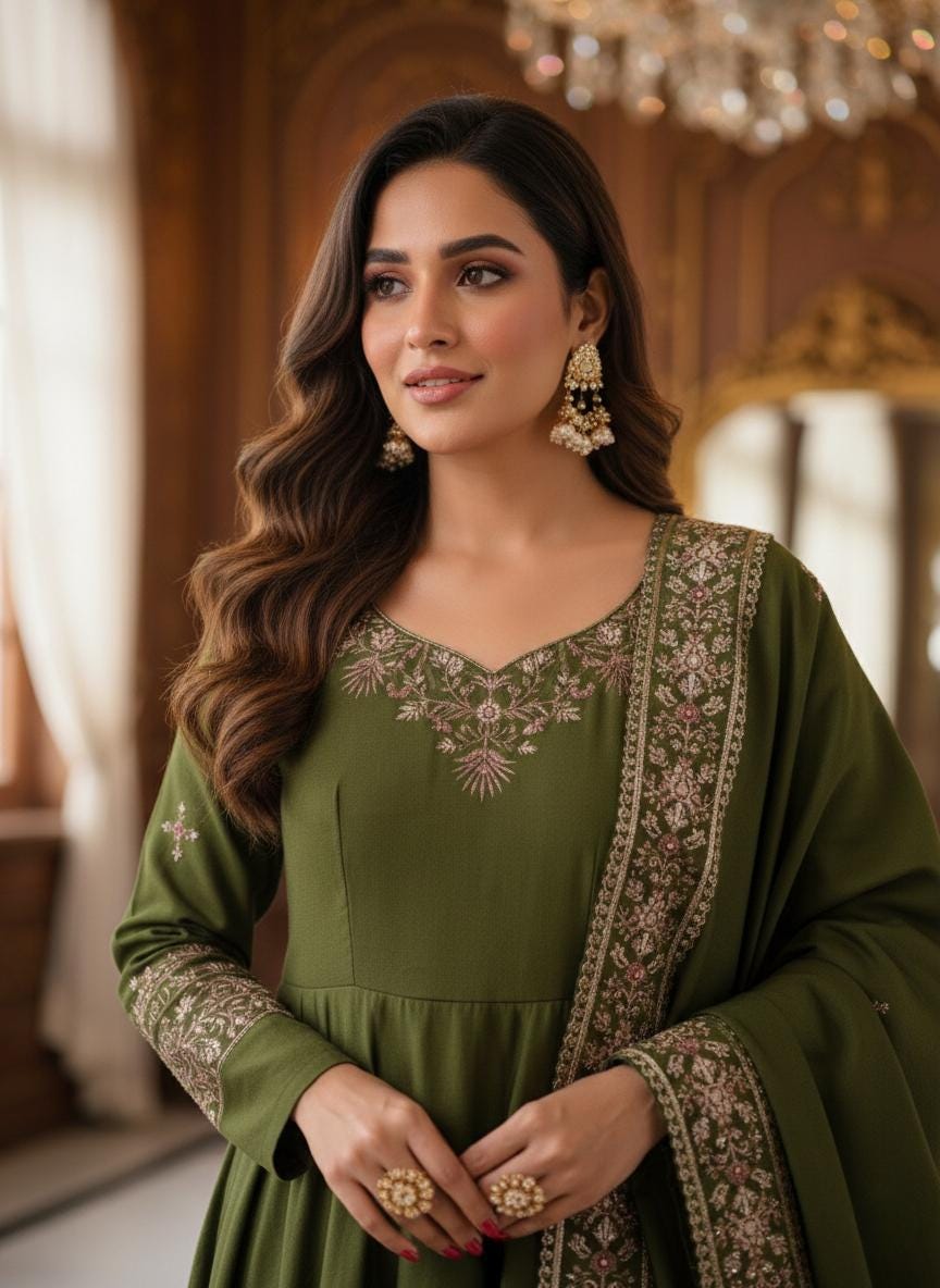 Festive Olive Green Sequence Work Anarkali Three Piece Set
