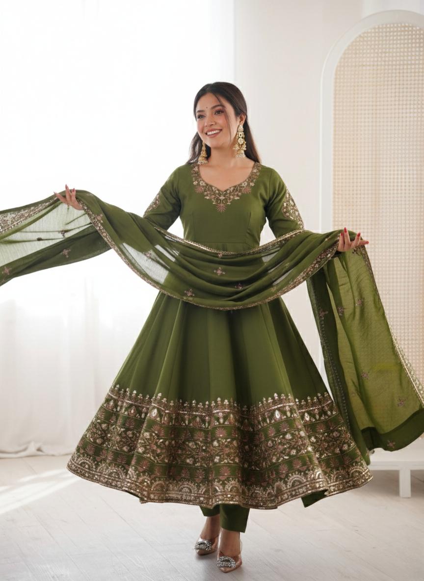 Festive Olive Green Sequence Work Anarkali Three Piece Set