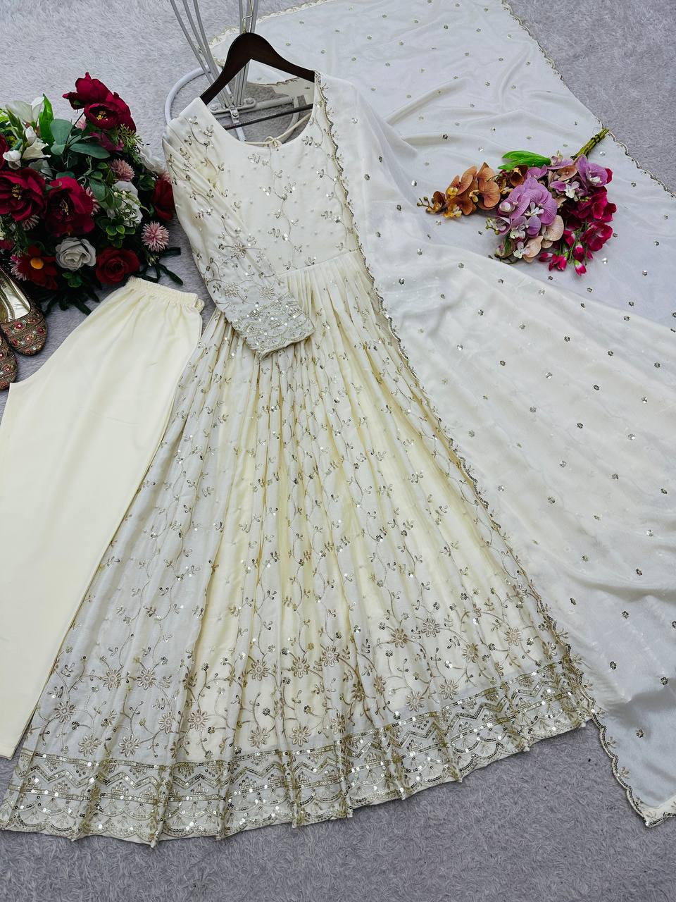 Designer Cream Floor-Length Anarkali Suit with Dupatta