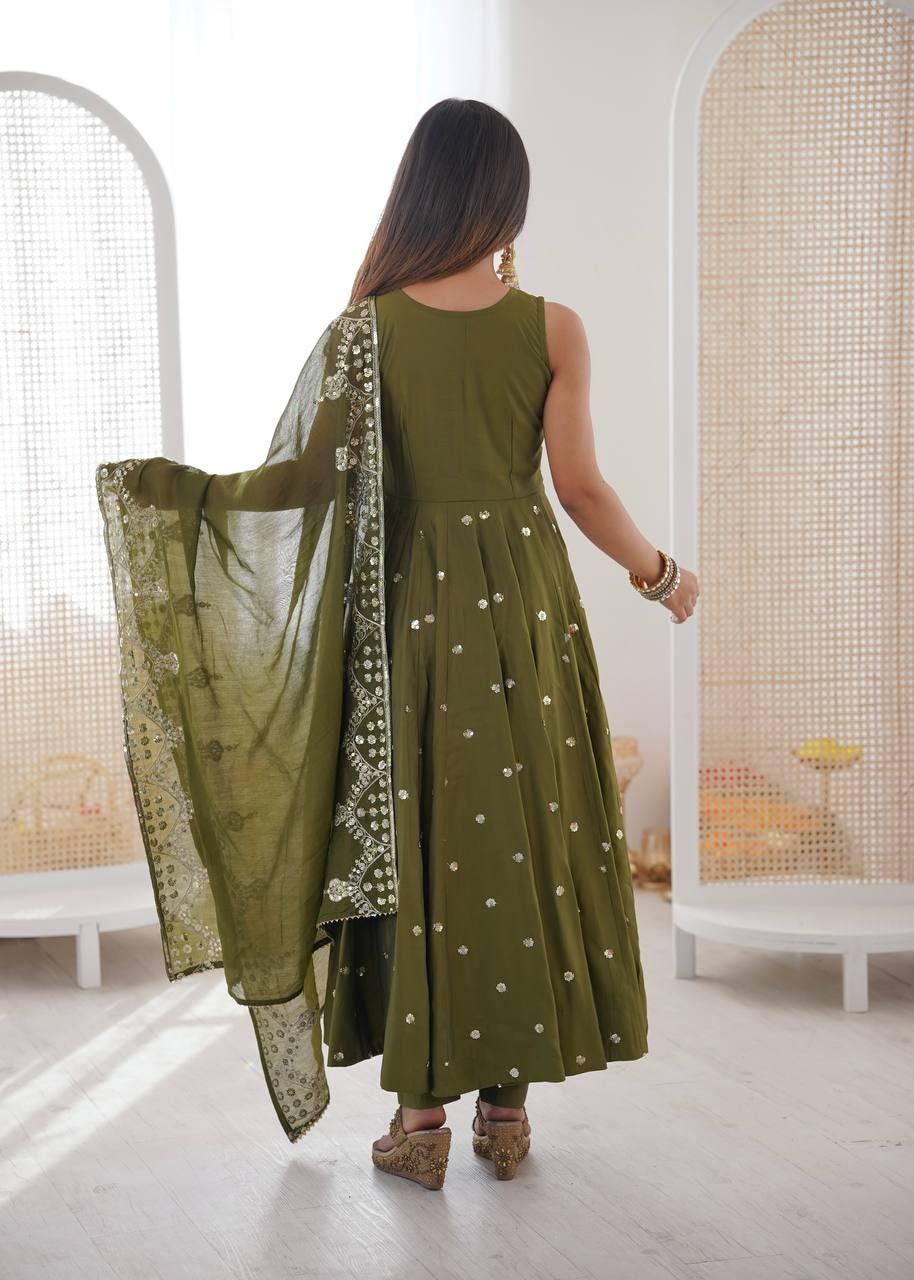 Designer Olive Green Sequence Work Anarkali Gown Set for Women
