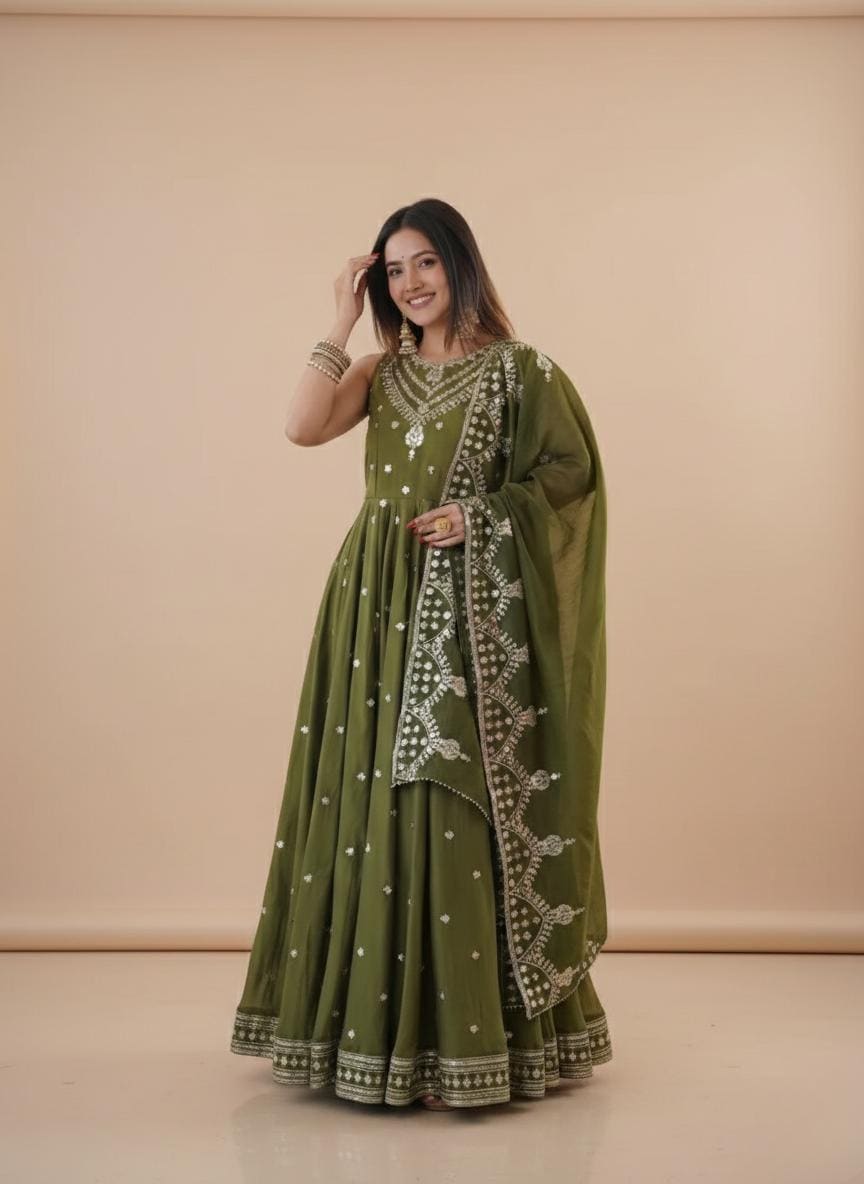 Designer Olive Green Sequence Work Anarkali Gown Set for Women