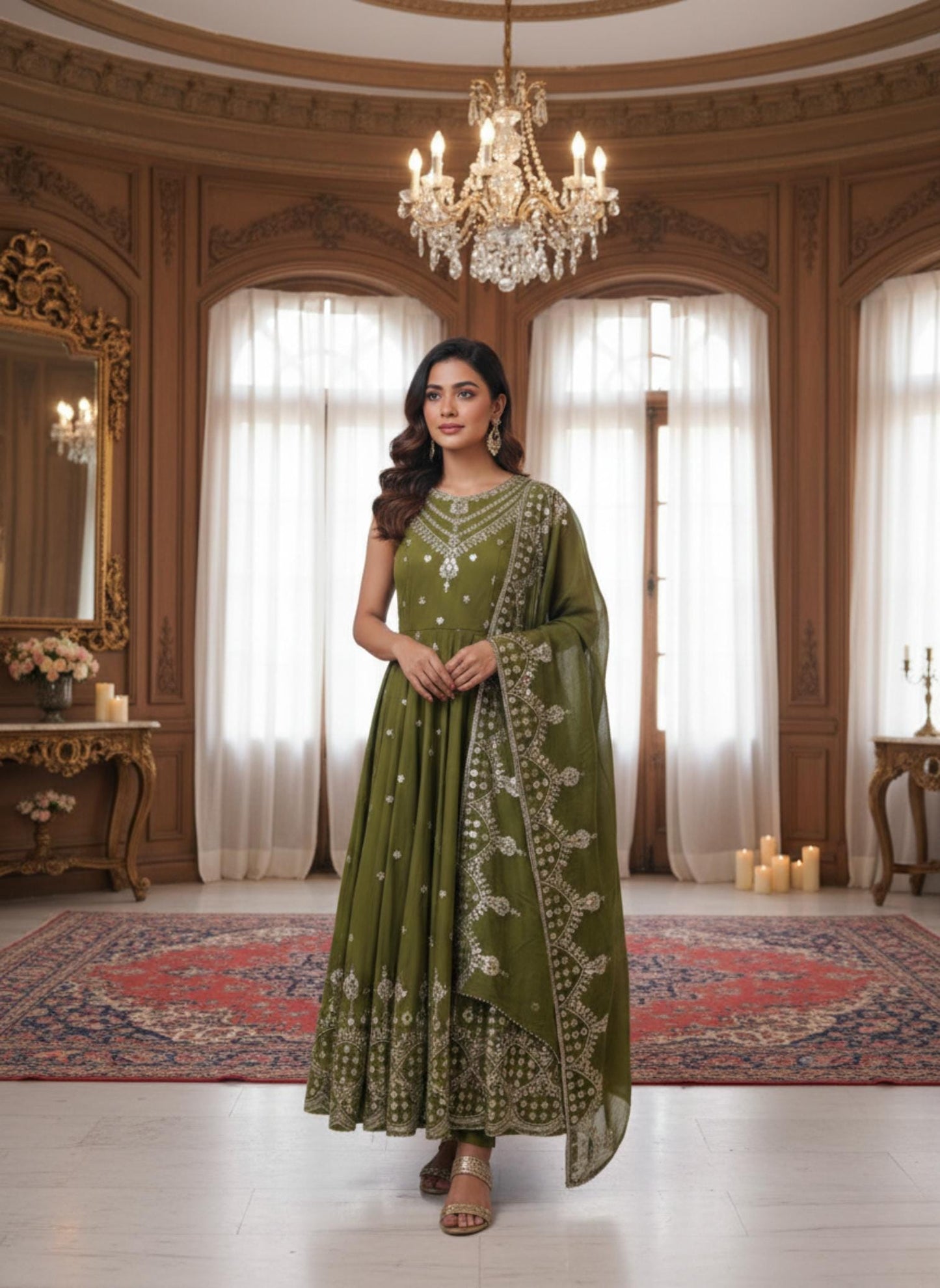 Designer Olive Green Sequence Work Anarkali Gown Set for Women