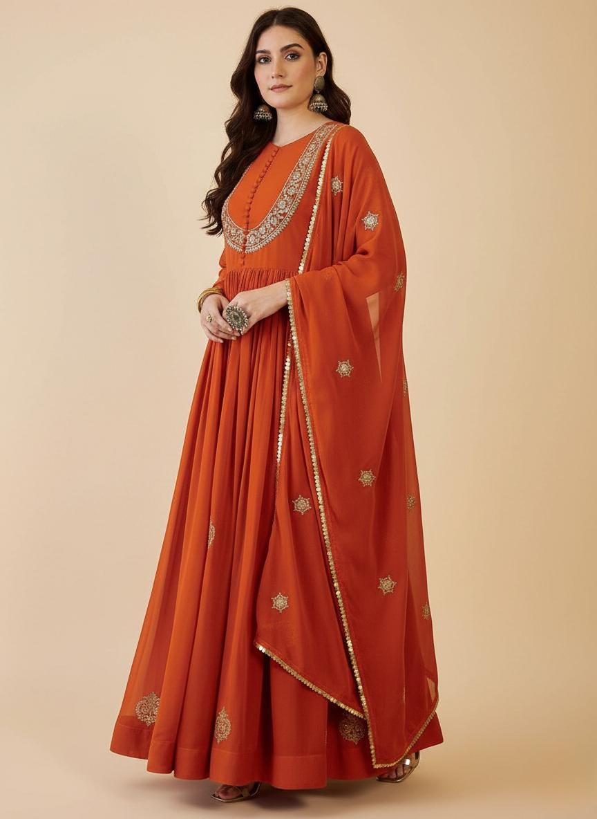 Designer Orange Embroidered Anarkali Suit with Dupatta for Festive Wear
