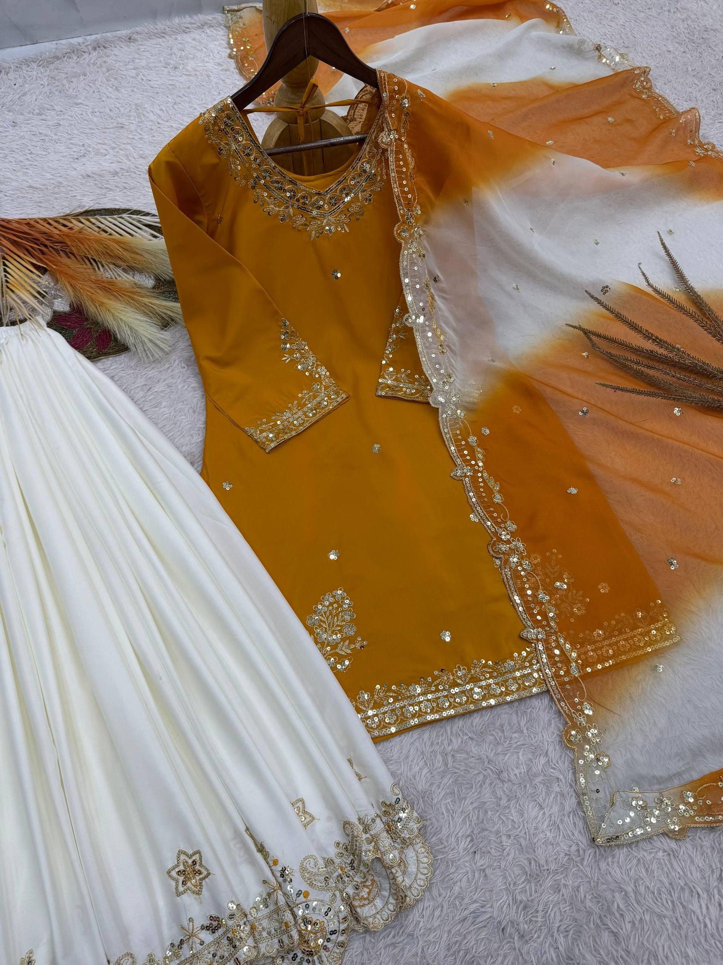 Yellow Embroidered Kurti with White Designer Palazzo & Dupatta Set