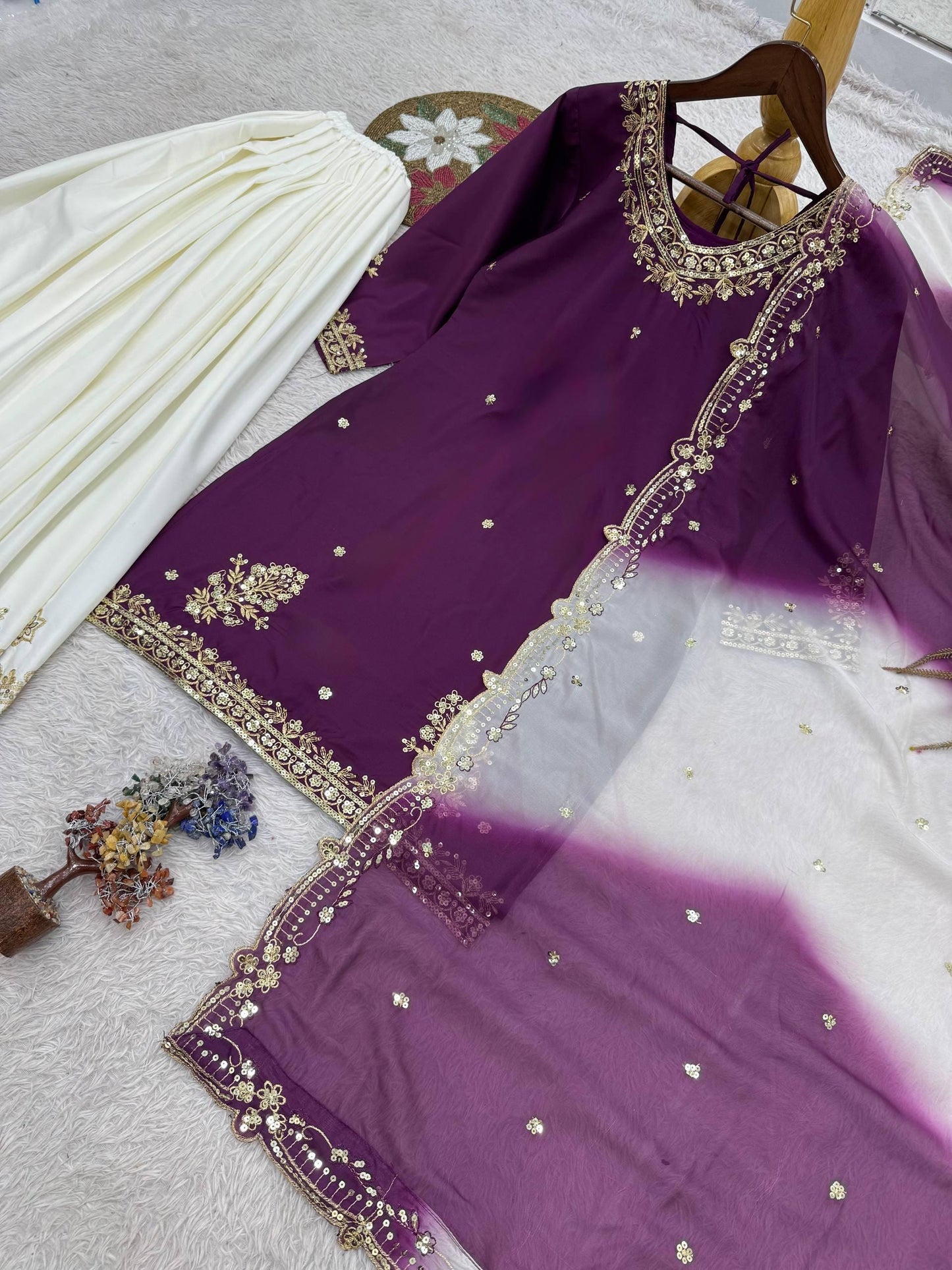 Purple Embroidered Kurti with White Designer Palazzo & Dupatta Set