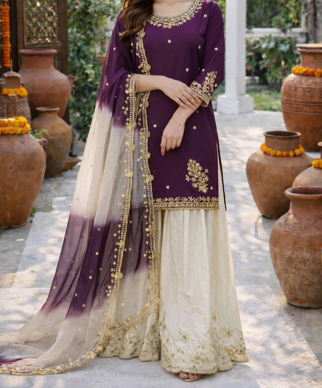 Purple Embroidered Kurti with White Designer Palazzo & Dupatta Set