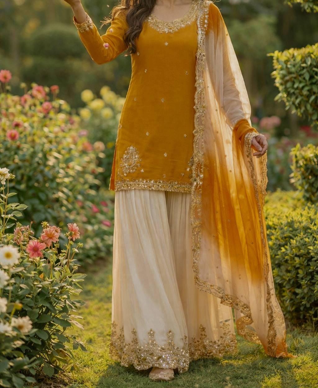 Yellow Embroidered Kurti with White Designer Palazzo & Dupatta Set