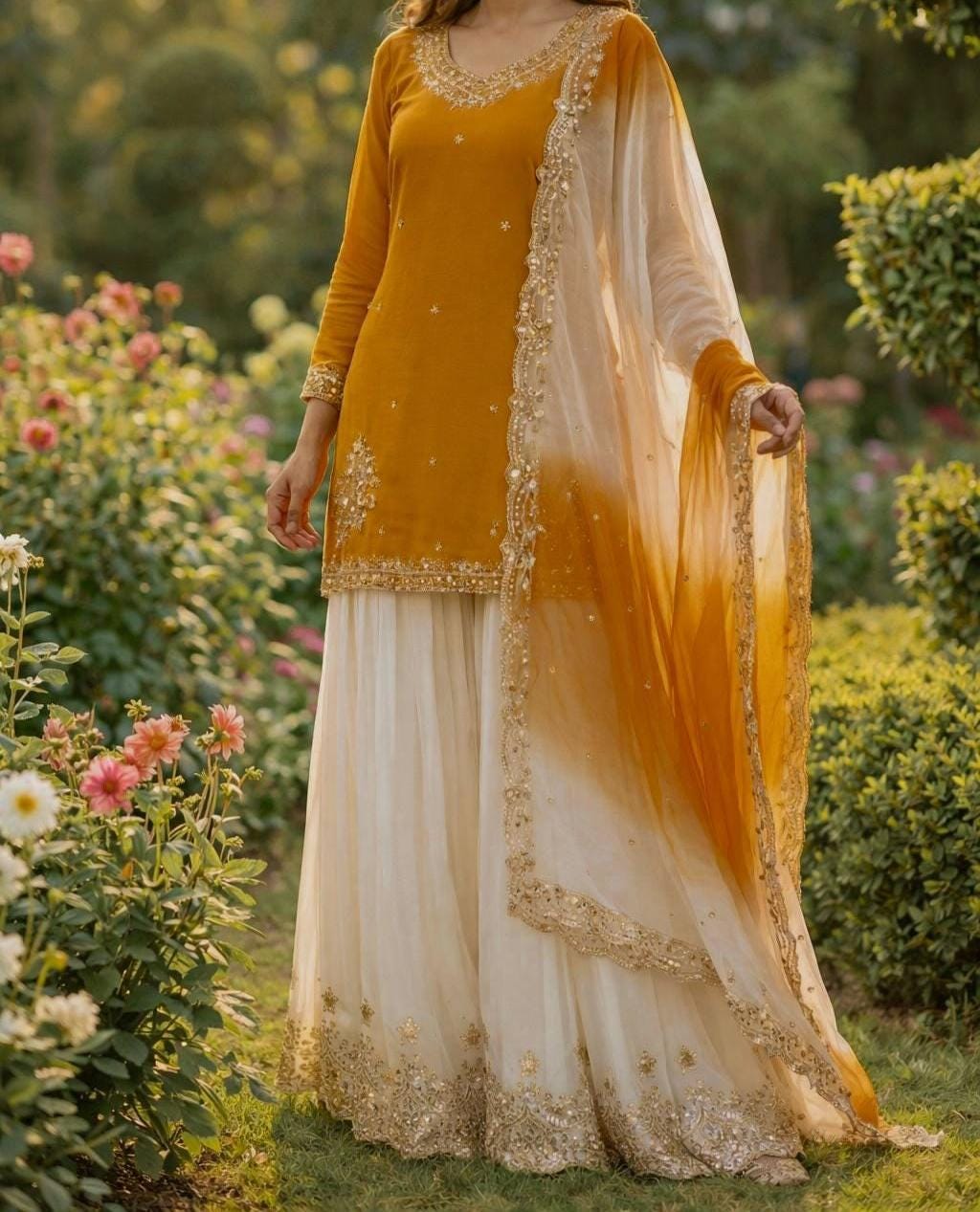 Yellow Embroidered Kurti with White Designer Palazzo & Dupatta Set