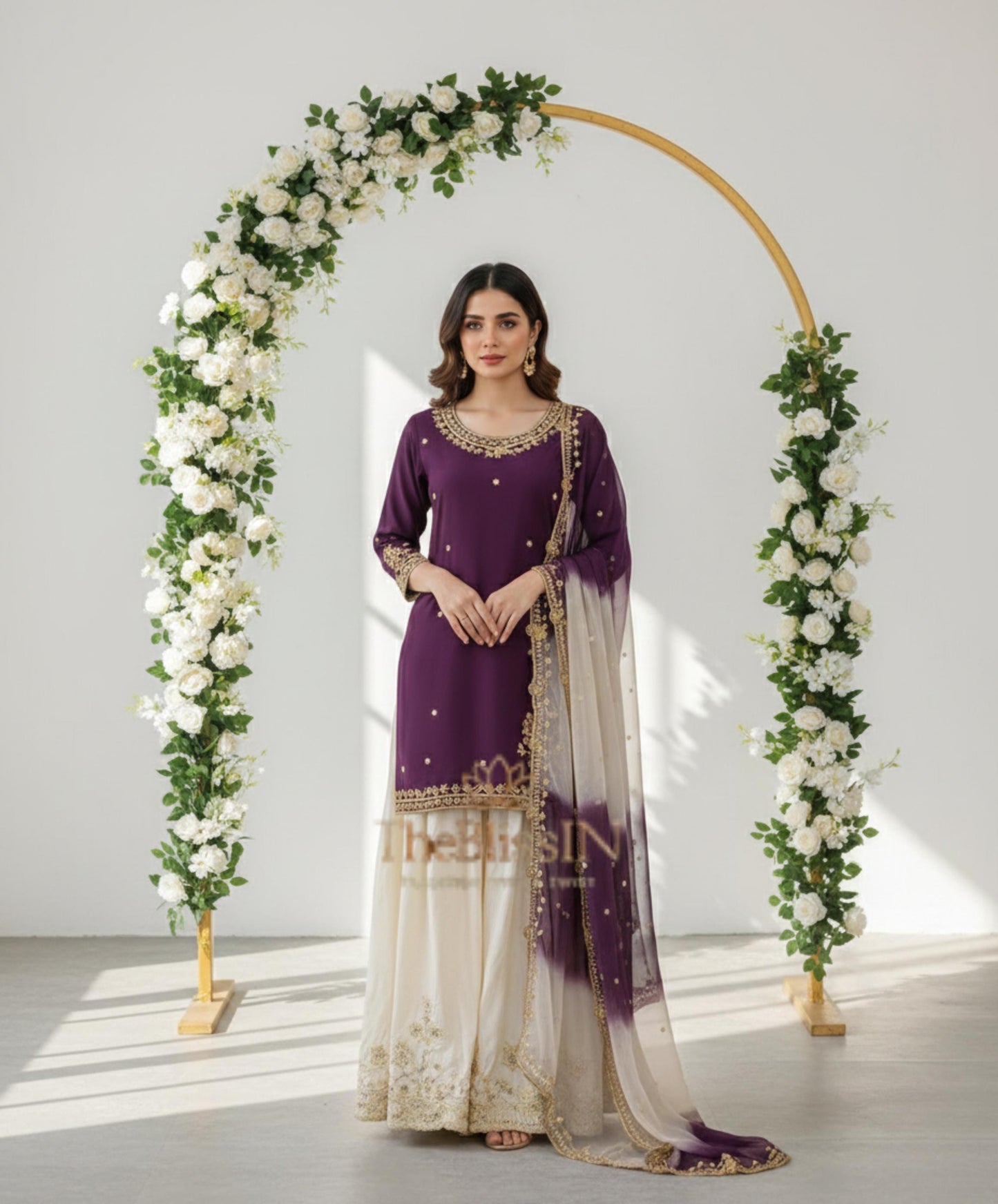 Purple Embroidered Kurti with White Designer Palazzo & Dupatta Set