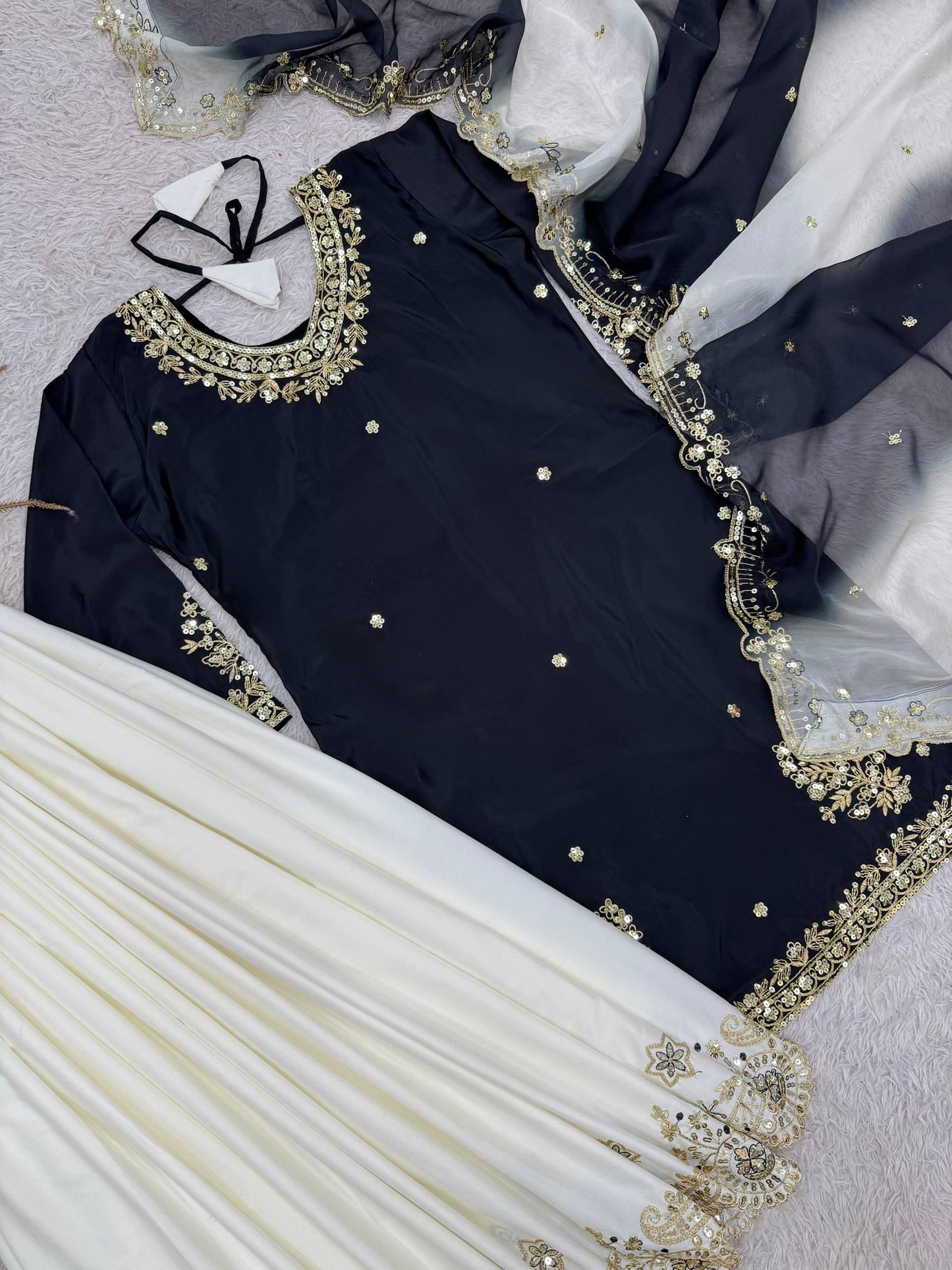 Black Embroidered Kurti with Cream Palazzo & Dupatta