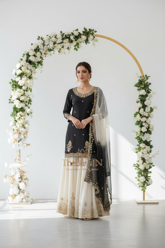 Black Embroidered Kurti with Cream Palazzo & Dupatta