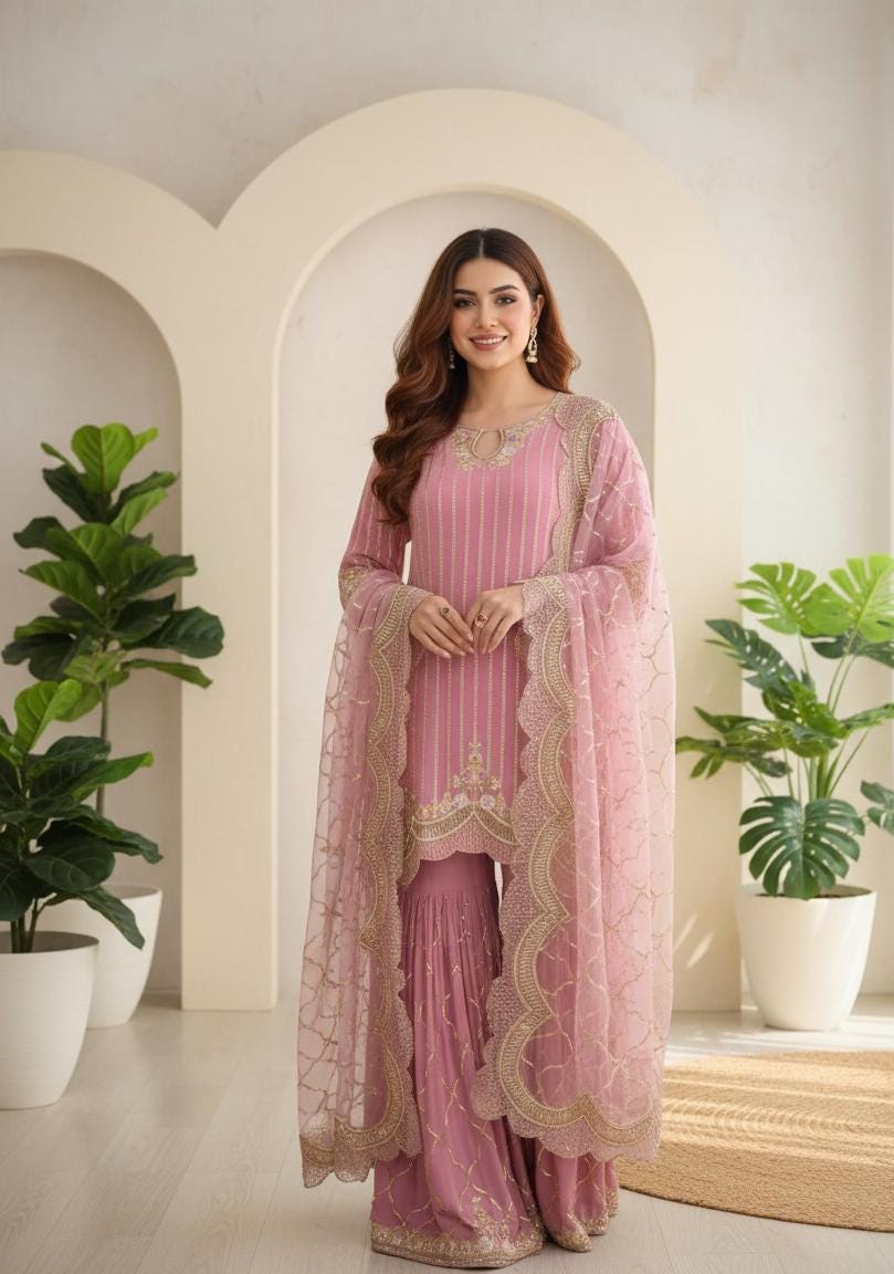 Pink Designer Kurti & Shrarara With Dupatta Set