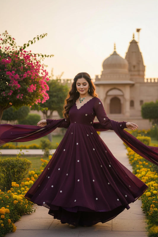 Purple Embroidery Work Anarkali Three Piece Set For Women's