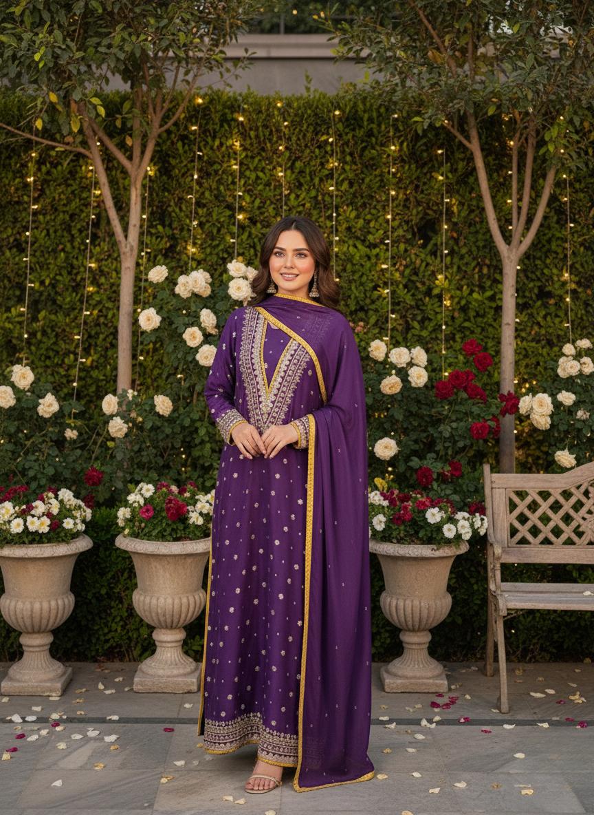 Designer Purple Silk Embroidered Fully Stitched Indian Salwar Suit For Women's
