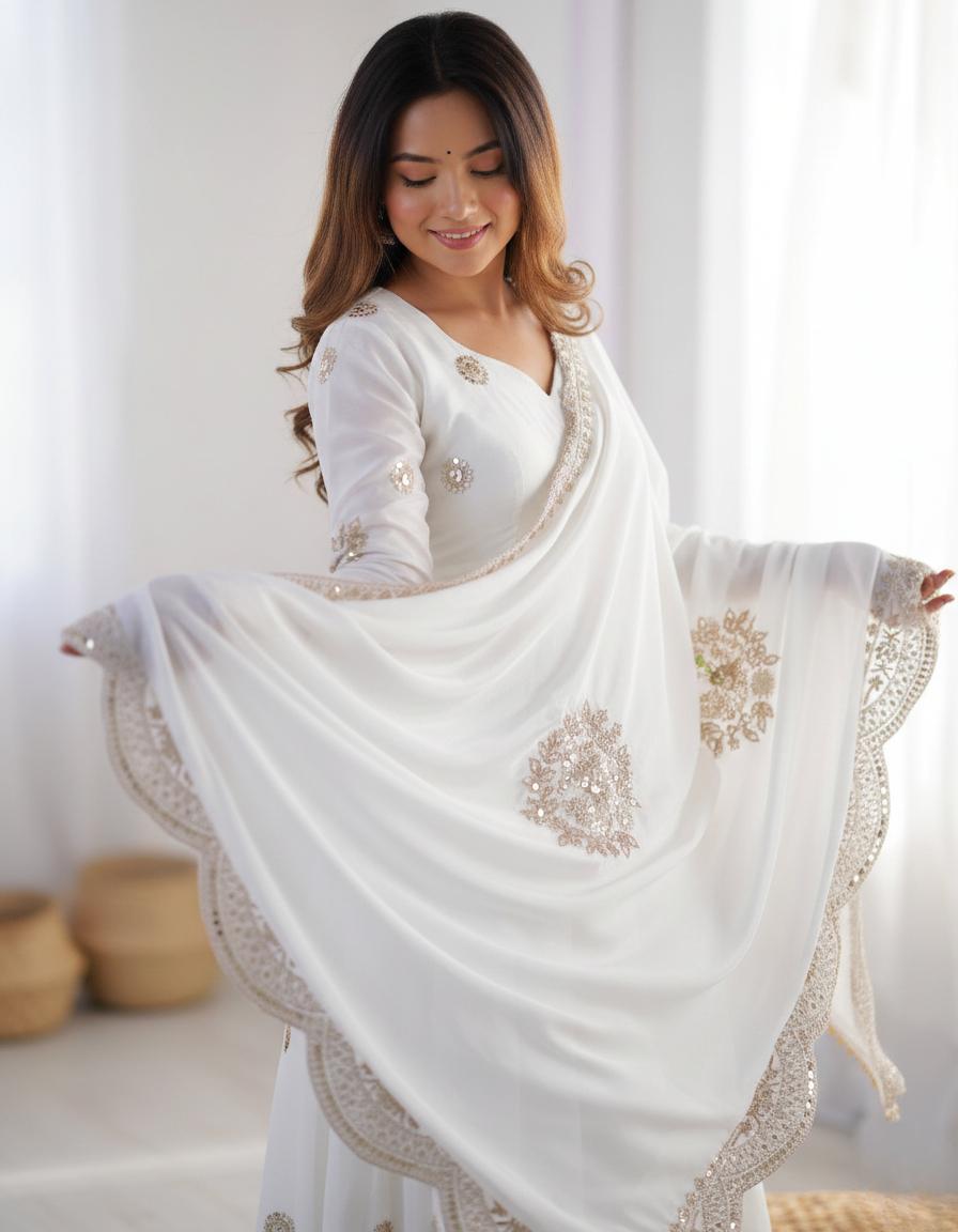 Luxurious White Anarkali Dress with Intricate Thread Embroidery