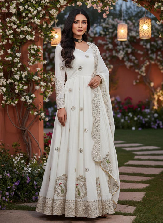 Luxurious White Anarkali Dress with Intricate Thread Embroidery