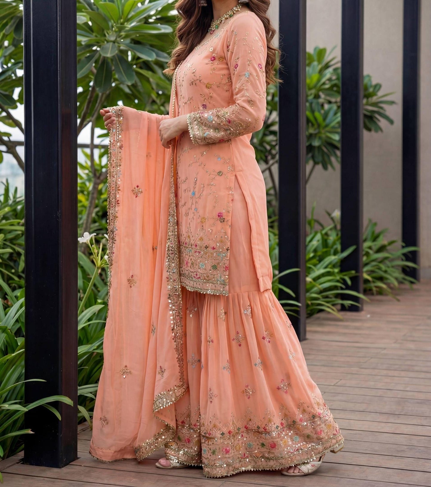 Pakistani Style Peach Kurti Sharara Set with Zari Embroidery