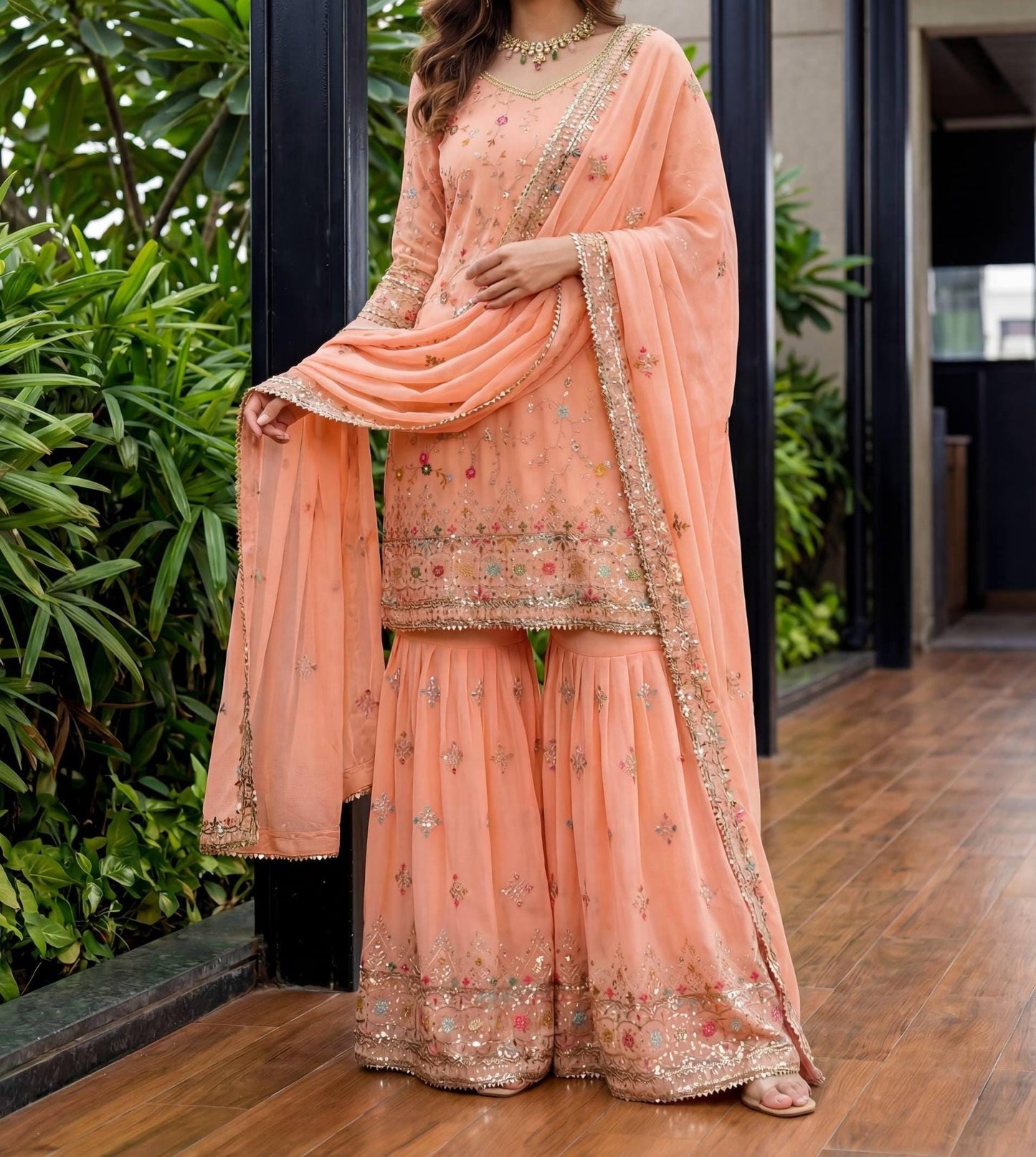 Pakistani Style Peach Kurti Sharara Set with Zari Embroidery