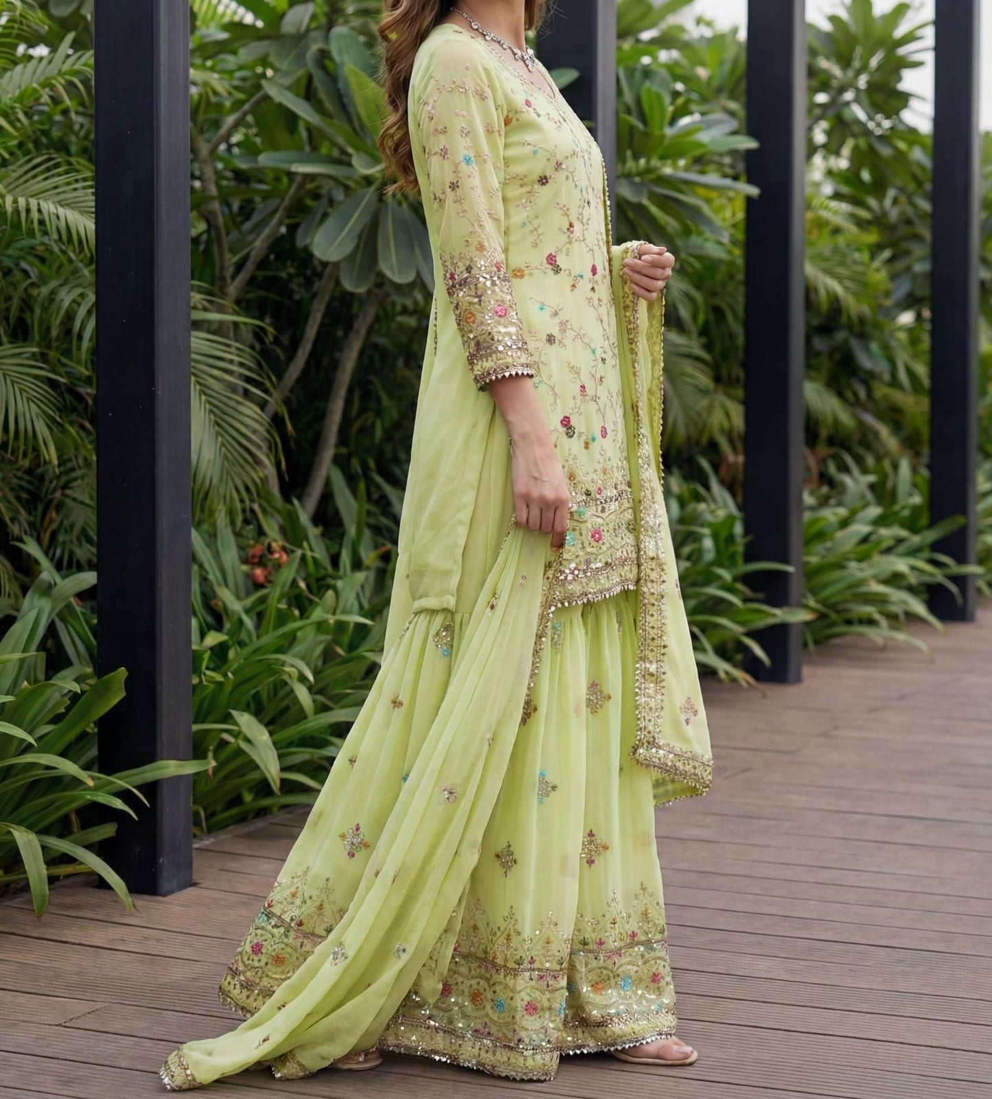 Faux Georgette Pista Green Pakistani Kurti Sharara Set with Dupatta with Embroidery Work