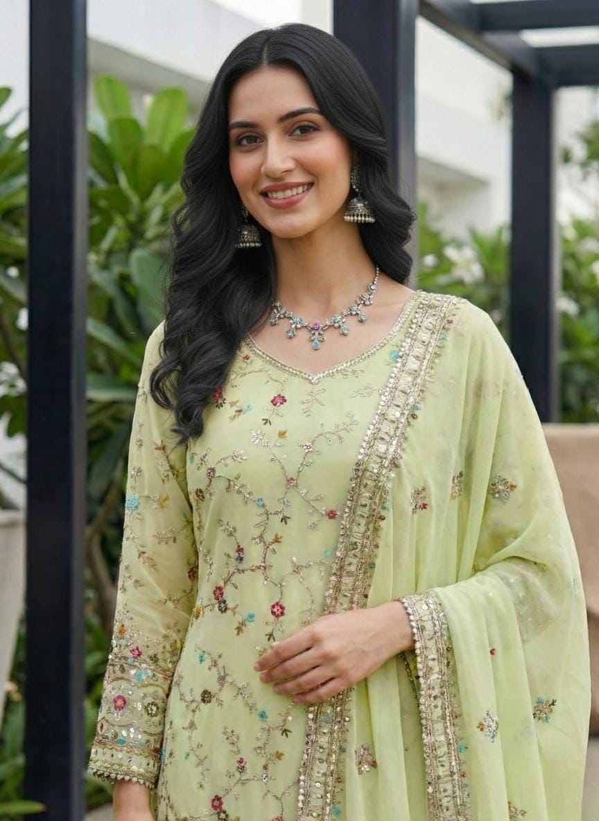 Faux Georgette Pista Green Pakistani Kurti Sharara Set with Dupatta with Embroidery Work
