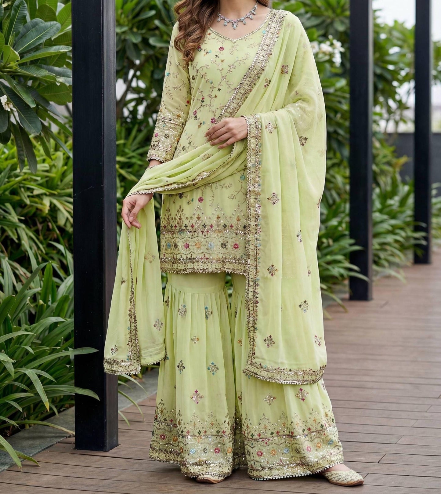 Faux Georgette Pista Green Pakistani Kurti Sharara Set with Dupatta with Embroidery Work