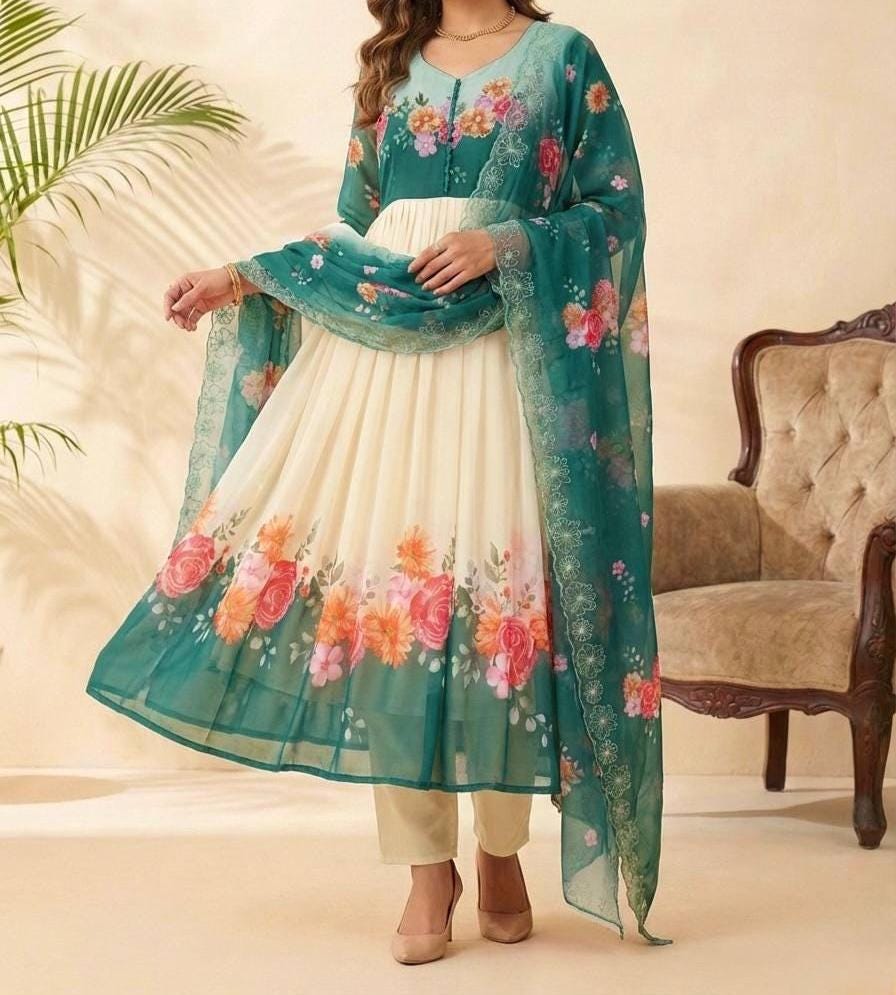 Teal Green Floral Printed Anarkali Suit with Dupatta & Pant | Festive Wear Gown