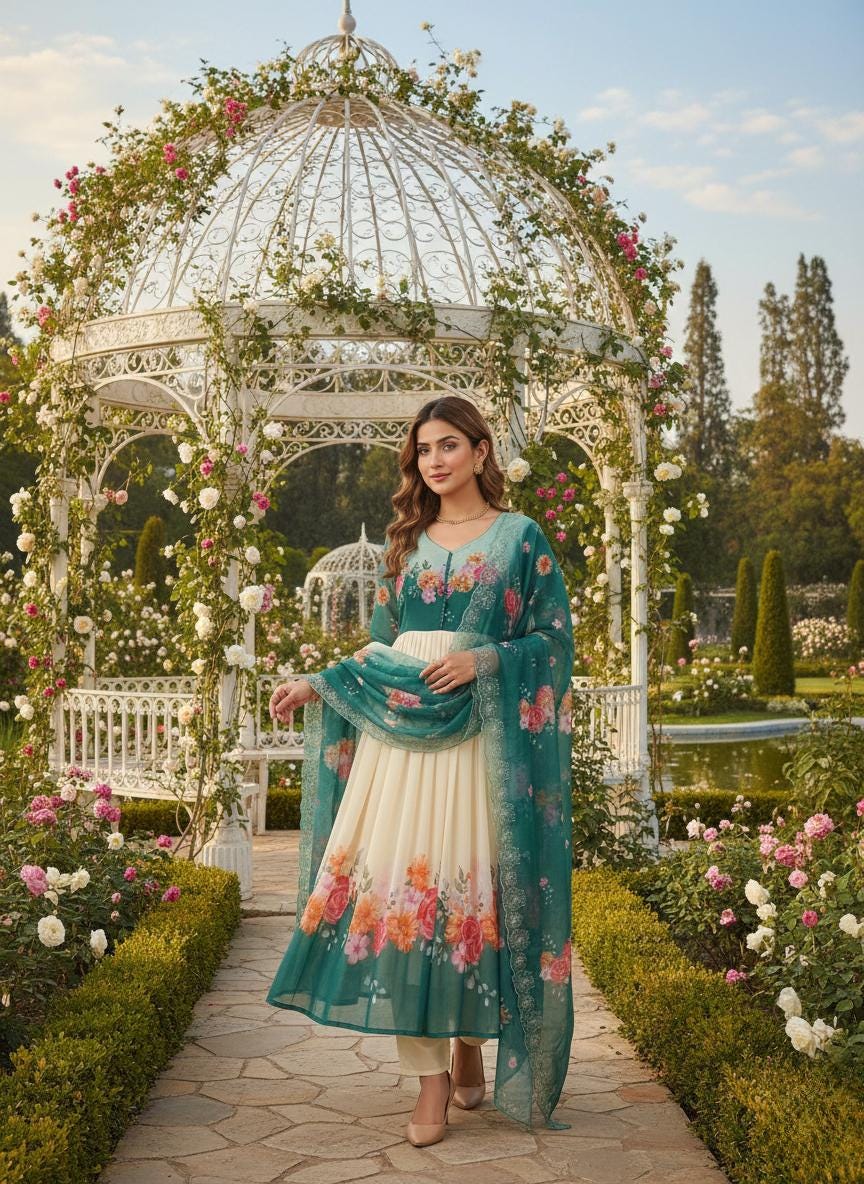Teal Green Floral Printed Anarkali Suit with Dupatta & Pant | Festive Wear Gown
